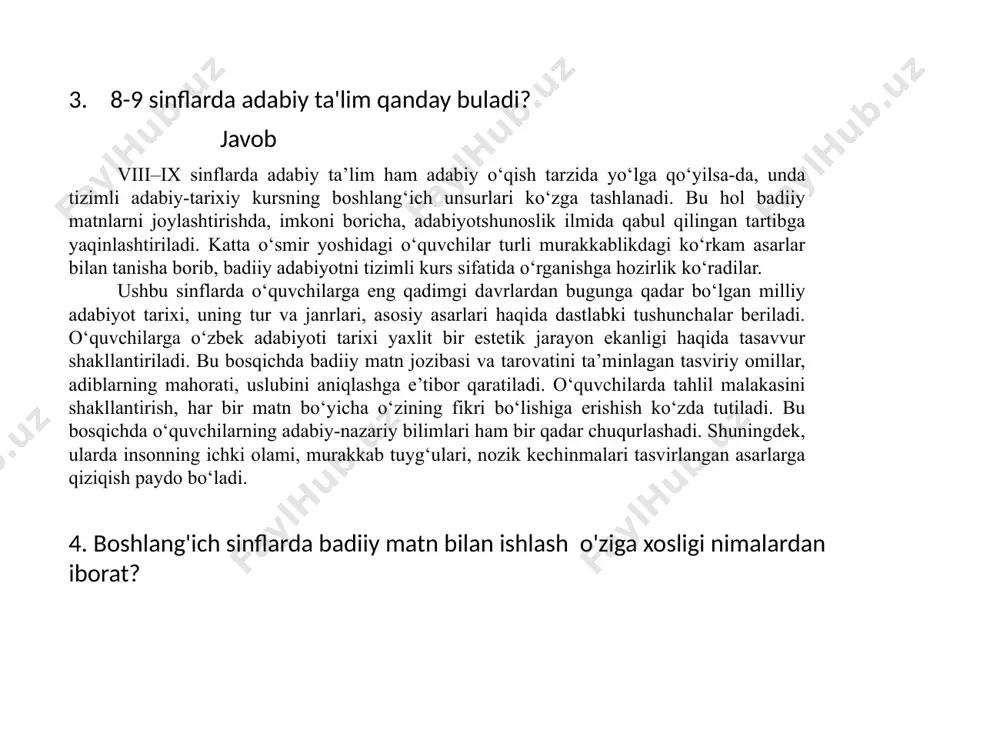 i ko‘zga tashlanadi. bu hol badiiy matnlarni joylashtirishda, imkoni boricha, adabiyotshunoslik ilmida qabul qilingan tartibga yaqinlashtiriladi. katta o‘smir yoshidagi o‘quvchilar turli murakkablikdagi ko‘rkam asarlar bilan tanisha borib, badiiy adabiyotni tizimli kurs sifatida o‘rganishga hozirlik ko‘radilar. ushbu sinflarda o‘quvchilarga eng qadimgi davrlardan bugunga qadar bo‘lgan milliy adabiyot tarixi, uning tur va janrlari, asosiy asarlari haqida dastlabki tushunchalar beriladi. o‘quvchilarga o‘zbek adabiyoti tarixi yaxlit bir estetik jarayon ekanligi haqida tasavvur shakllantiriladi. bu bosqichda badiiy matn jozibasi va tarovatini ta’minlagan tasviriy omillar, adiblarning mahorati, uslubini aniqlashga e’tibor qaratiladi. o‘quvchilarda tahlil malakasini shakllantirish, har bir matn bo‘yicha o‘zining fikri bo‘lishiga erishish ko‘zda tutiladi. bu bosqichda o‘quvchilarning adabiy-nazariy bilimlari ham bir qadar chuqurlashadi. shuningdek, ularda insonning ichki olami, murakkab tuyg‘ulari, nozik kechinmalari tasvirlangan asarlarga qiziqish paydo bo‘ladi. javob 4. boshlang'ich sinflarda badiiy matn bilan ishlash o'ziga xosligi nimalardan iborat? boshlang‘ich sinflardan boshlab matn mazmunining ta’sirli va esdan chiqmaydigan bo‘lishida ifoda yo‘sinidagi o‘ziga xoslikning o‘rniga diqqat …