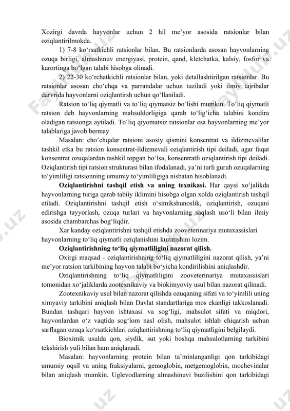 ish ratsionlari tuziladi. oziqlantirish ratsioni deb, hayvonlarning energiyaga, to’yimli va biologik moddalar talabiga javob beradigan, ko’zda tutilgan mahsulot miqdori va sifatini hamda sog’ligini ta’minlaydigan yem – xashaklar miqdoriga aytiladi. oziqlantirish ratsioni bir kunga yoki ma’lum bir mavsumga (oy, fasl, yil) tuziladi. xozirgi davrda hayvonlar uchun 2 hil me’yor asosida ratsionlar bilan oziqlantirilmokda. 1) 7-8 ko‘rsatkichli ratsionlar bilan. bu ratsionlarda asosan hayvonlarning ozuqa birligi, almashinuv energiyasi, protein, qand, kletchatka, kalsiy, fosfor va karortinga bo‘lgan talabi hisobga olinadi. 2) 22-30 ko‘rchatkichli ratsionlar bilan, yoki detallashtirilgan ratsionlar. bu ratsionlar asosan cho‘chqa va parrandalar uchun tuziladi yoki ilmiy tajribalar darvrida hayvonlarni oziqlantirsh uchun qo‘llaniladi. ratsion to‘liq qiymatli va to‘liq qiymatsiz bo‘lishi mumkin. to‘liq qiymatli ratsion deb hayvonlarning mahsuldorligiga qarab to‘lig‘icha talabini kondira oladigan ratsionga aytiladi. to‘liq qiyomatsiz ratsionlar esa hayvonlarning me’yor talablariga javob bermay masalan: cho‘chqalar ratsioni asosiy qismini konsentrat va ildizmevalilar tashkil etka bu ratsion konsentrat-ildizmevali oziqlantirish tipi deiladi, agar faqat konsentrat ozuqalardan …