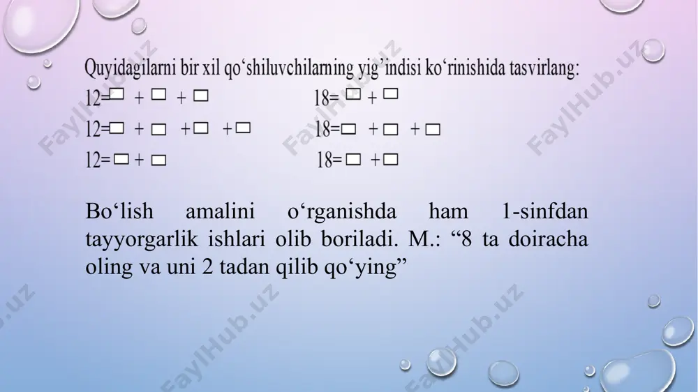 bo‘lish jadvaldan tashqari bo‘lish hisobiga kiradi. masalan, 87;29 misolni yechishda 29 ni nechaga ko‘paytirishganda 87 kelib chiqadi, degan savol qo‘yiladi. unda 29:1=29, 29*2=58, 29*3=87 deb, 87:29=3 keltirib chiqaradilar. 3.jadvalda qoldiqli bo‘lish. bu mavzu 2-sinfda quyidagi tartibda olib boriladi. 1.qoldiqli bo‘lish misollar yordamida tushuntiriladi. masalan, 12 daftarni 2 o‘quvchiga bo‘lib berish topshiriladi. 12:2=6 deb doskaga yozilgandan keyin, 13 ta daftarni 2 o‘quvchiga bo‘lib berish topshiriladi, bunda 1 ta daftar ortiqcha bo‘lib qolganligi ko‘rinadi. 13:2=6 ( qoldiq 1) degani yozuvni o‘rgatadi. 2.o‘quvchilarga bo‘lishdan chiqqan qoldiq bo‘luvchidan kichik bo‘lishi kerak degan qoida o‘rgatiladi. masalan, 10, 11, 12, 13, 14, 15 sonlarni 2, 3, 4 ga ketma-ket bo‘lishda hosil bo‘ladigan qoldiqlarni ko‘rgazmali jadval bilan tushuntiriladi. image2.png image3.png image4.png image5.emf image6.png image7.png image8.png image1.png chiqiladi. /docprops/thumbnail.jpeg