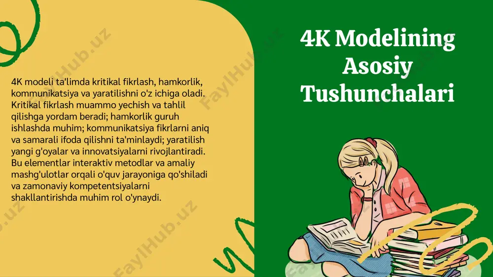 jurnali, 2021. 2. xolmatov, a. (2020). ta'limda 4k modelini qoʻllash usullari. o‘zbekiston ta'lim nashriyoti. 3. islomova, d. (2019). kritikal fikrlash va hamkorlikni rivojlantirishda 4k modelining ahamiyati. pedagogik tadqiqotlar jurnali, 12(3), 45-58. 4. rahimov, sh. (2022). yangi ta'lim yondashuvlari: 4k modeli asosida. toshkent universiteti nashriyoti. 5. toshkent pedagogika institutining ilmiy maqolalari to'plami. (2020). ta'limda innovatsion metodlar va 4k modeli. e’tiboringiz uchun rahmat! image1.png image2.png image3.png image4.png image5.png image6.png image7.png image8.png image21.png image22.png image23.png image24.png image12.png image13.png image14.png image15.png image16.png image20.png image9.png image10.png image11.png