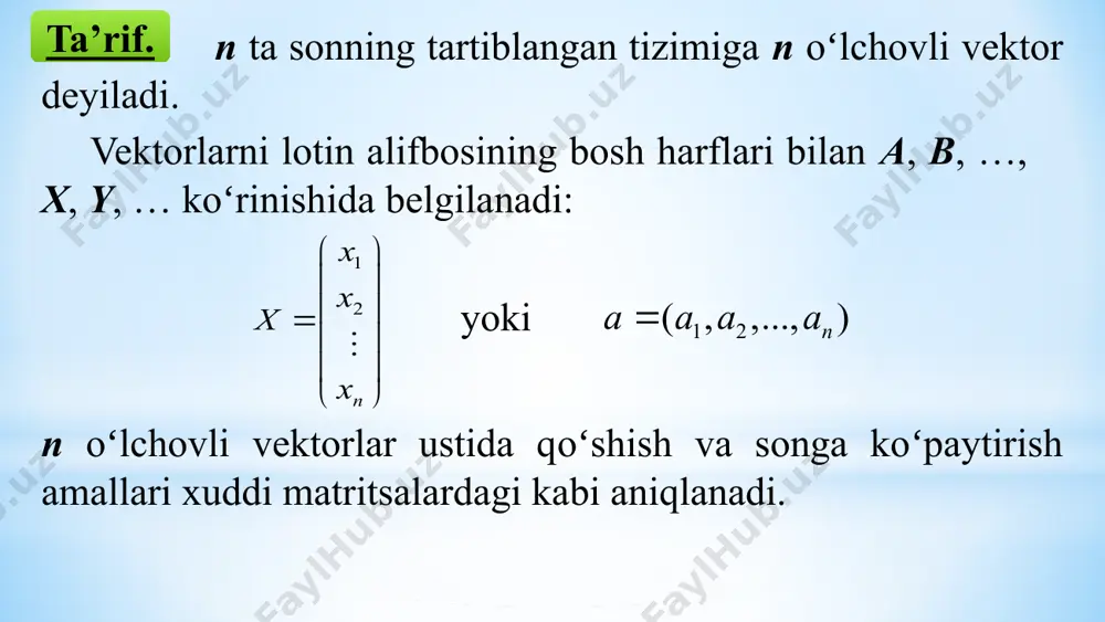dan farqli x va y vektorlar orasidagi burchak formula bilan aniqlanadi. ta’rif. teorema. agar elementlari ixtiyoriy tabiatli boʻlgan l toʻplam berilgan va bu to‘plam elementlari orasida qoʻshish va songa koʻpaytirish amallari kiritilgan, ya’ni 1) ixtiyoriy xl va yl elementlar juftiga x va y elementlarning yig‘indisi deb ataluvchi yagona zxyl element mos qoʻyilgan; 2) xl element va k (k  haqiqiy yoki kompleks sonlar toʻplami) songa x vektorning  songa koʻpaytmasi deb ataluvchi yagona zxl element mos qoʻyilgan boʻlib, aniqlangan bu qoʻshish va songa koʻpaytirish amallari quyidаgi 8 ta aksiomani bajarsa, u holda l toʻplаm chiziqli (yoki vektor) fazo dеyilаdi. ta’rif. chiziqli kombinatsiya 1o. 3o. 2o. 4o. 5o. 7o. 6o. 8o. agar 1, 2, …, n koeffisiyentlardan hech boʻlmaganda bittasi noldan farqli boʻlganda tenglik oʻrinli boʻlsa, u holda x1, x2, …, xn elementlar chiziqli bog‘liq deyiladi. agar 1, 2, …, n koeffisiyentlardan barchasi nolga teng boʻlgandagina tenglik oʻrinli boʻlsa, u holda …
