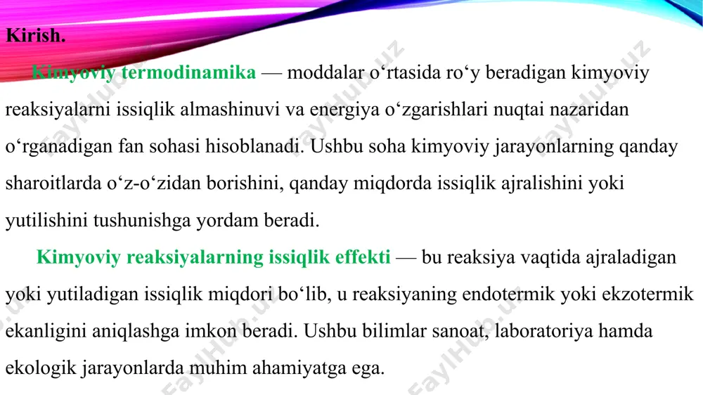ini ta’minlaydi (masalan, portlovchi reaksiyalar) kimyoviy reaksiyalar va ularning issiqlik effektlari. kimyoviy reaksiya — bu bir yoki bir nechta moddalarning (reaktantlarning) o‘zaro ta’sirlashuvi natijasida yangi moddalar (mahsulotlar) hosil bo‘lish jarayonidir. har qanday kimyoviy reaksiya davomida energiya o‘zgaradi. ushbu energiya o‘zgarishi issiqlik ajralishi yoki yutilishi orqali namoyon bo‘ladi. bu hodisa reaksiyaning issiqlik effekti deb ataladi. kimyoviy reaksiyalar issiqlik effektiga ko‘ra ikki turga bo‘linadi. parchalanish reaksiyasi. 1. ekzotermik reaksiyalar. ekzotermik reaksiyalar davomida issiqlik ajraladi, ya’ni tizimdan atrof-muhitga energiya chiqadi. bunday reaksiyalar vaqtida idishdagi harorat ortadi. bu reaksiyalarda entalpiya o‘zgarishi (δh) manfiy bo‘ladi: δh 0 bo‘ladi. reaksiya issiqligi va entalpiya kimyoviy reaksiya davomida ajralgan yoki yutilgan issiqlik miqdori entalpiya o‘zgarishi (δh) bilan belgilanadi. entalpiya — bu tizimdagi issiqlik energiyasining o‘lchovi. agar δh 0, reaksiya endotermik hisoblanadi. gess qonuni. gess qonuniga ko‘ra, kimyoviy reaksiya bir necha bosqichda amalga oshirilgan taqdirda ham, umumiy issiqlik effekti faqat boshlang‘ich va yakuniy moddalarning holatiga bog‘liq bo‘ladi. bu qonun …