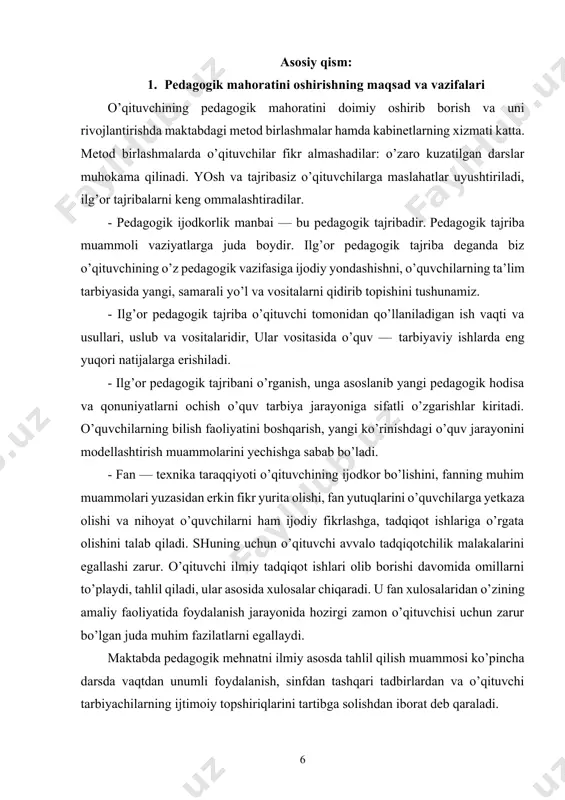 ta’lim metodlarida o’qituvchining qiyofasi, uning dunyoqarashi, yning psixologik - pedagogik, metodik va maxsus ilmiy tayyorgarligi namoyon bo’ladi. xuddi ana shu omillar ta’lim metodlarini samoradorligini belgilaydi. muayyan metod yaxshi tayyorgarligi bo’lgan o’qituvchida o’z afzalliklarini namoyon qilsa, tayyorgarligi zaif bo’lgan o’qituvchida shu metodning o’zi salbiy jihatlarini namoyon qiladi. shu sababli ta’lim metodlarini samaradorligini oshirish uchun o’qituvchining tayyorgarlik darajasi prinsipial ahamiyatga ega. o’qituvchi ijodiy pedagogik faoliyati va o’quvchilar ijodiy faoliyatining ta’lim metodida o’z ma’lumoti, madaniyati, kasbiy tayyorgarligi darajasini qanchalik aks ettirishiga bog’liq. bunda ijodiyot uchun qancha imkoniyatlar bor. bilim faoliyati xususiyatlarini, uning ziddiyatlarini o’qituvchining anglab olish izlanish xarakteridagi o’quv vaziyatini shakllantirishi va ularni hal etish jarayonini boshqarish imkonini beradi. ilg’or o’qituvchilarning ish tajribasi ta’lim metodlarini takomillashtirishga katta ta’sir ko’rsatadi. bunday tajribani umumlashtirish va yoyish o’quv jarayoni sifatini oshirishning muhim shartidir. o’qituvchilar mehnat faoliyati jarayonida o’z ishlarining chinakam ustalariga aylanadilar. sog’lom fikr yurituvchi har bir kishi mahoratli tarbiyachi bo’la oladi, mahoratga tajriba hamda fikr …