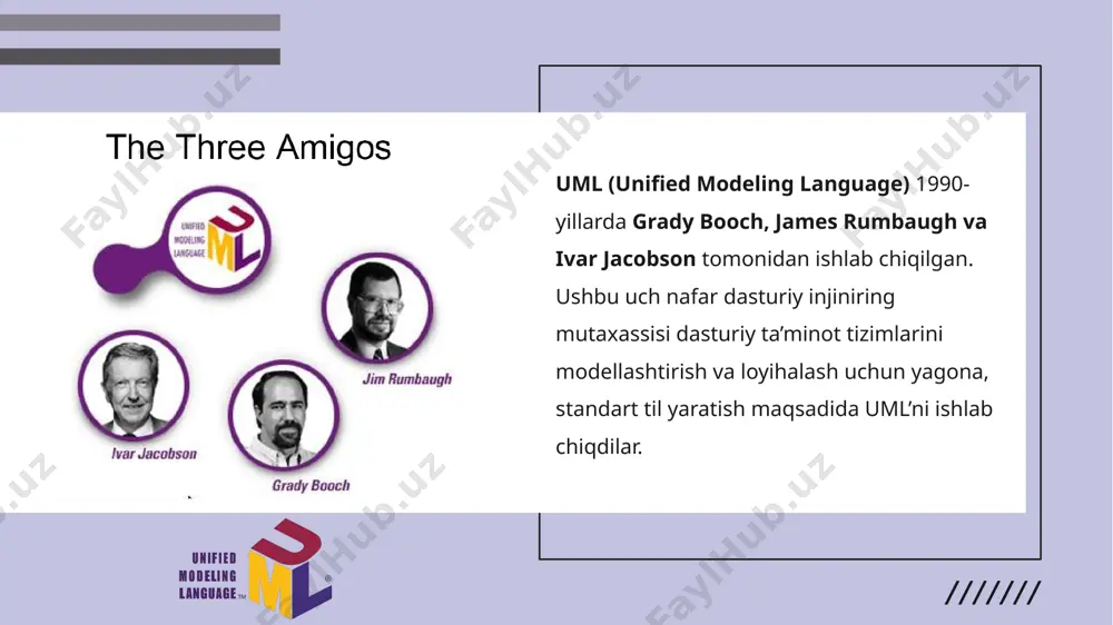 r qilishi mumkin (0..*), lekin har bir kitob faqat bitta nashriyot tomonidan nashr qilinadi (1). o'zaro aloqalar (association) 1 o'zaro aloqa (association) — sinflar o'rtasida oddiy bog'lanishni ifodalaydi. bu bog'lanish sinflar orasidagi munosabatni ko'rsatadi. o'zaro aloqalar turlari bir-biriga (1:1): har bir obyektning bitta obyekti bo'ladi. bir ko'pga (1:n): bir obyekt ko'p boshqa obyektlarga bog'lanishi mumkin. ko'p ko'pga (n:m): har bir obyekt ko'p boshqa obyektlarga bog'lanishi mumkin. aggregation va composition. aggregation va composition — bu o'zaro aloqalar (relationships) bo'lib, ular sinflar o'rtasidagi bog'lanishlarni ifodalaydi. har ikkisi ham obyektlar o'rtasidagi bog'lanishni ko'rsatadi, lekin ularning kuchi va munosabatlari farq qiladi. aggregation — kuchli bo'lmagan bog'lanish. obyektlar bir-biridan mustaqil bo'lishi mumkin. misol: fakultet va talaba: fakultet talabalardan iborat, lekin talaba fakultetning bir qismi emas. agar fakultet yopilsa, talabalarga ta'sir qilmaydi. diagrammada ochiq romb yordamida ko'rsatiladi. composition — kuchli bog'lanish. obyektlar bir-biriga bog'langan va bir-biriga bog'liq bo'ladi. agar asosiy obyekt yo'q bo'lsa, ikkinchisi ham yo'q …