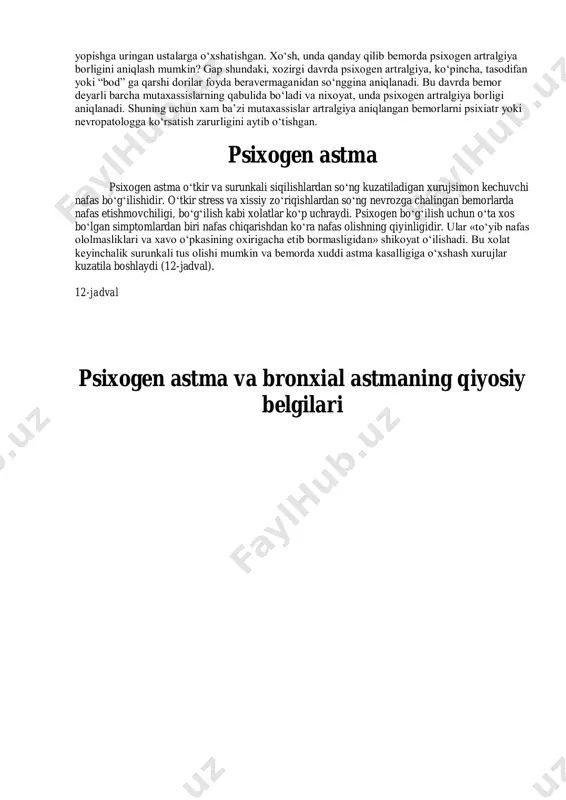 emorlarda yurak soxasi «qotib qolgandek», yurak urishdan “to‘xtagandek” tuyuladi, nafas etishmaydi, bo‘g‘ilib yordamga chaqira boshlaydi. yurak urishining funksional tarzda o‘zgarishi affektiv xolatlarda ko‘p kuzatiladi. psixogen taxikardiya unga o‘arshi dorilar bilan davolanganda emas, balki sedativ dorilar yoki antidepressantlar berilganda kamayadi. psevdorevmatizm oyoq-qo‘llar va turli bo‘g‘imlardagi og‘riqlardan shikoyat qiluvchi bemorlar son- sanoqsizdir. “bod” (revmatizm) tashxisi qo‘yilgan bemorlarni keyinchalik yana chuqur klinik va laborator tekshiruvlardan o‘tkazilganda, ularning deyarli yarmida bu og‘riqlar nevrogen xususiyatga ega bo‘lib chiqqan. xozirgi gipodinamiya asrida artralgiyalar dolzarb muammo bo‘lib, niqoblangan depressiyaning yaqqol, xammavaqt xam aniqlash qiyin bo‘lgan belgilaridan biri bo‘lib qolmoqda. suyak va bo‘g‘imlarda kuzatiladigan va xadeganda o‘tib ketavermaydigan artralgiyalar, odatda, boshqa psixonevrologik simptomlar bilan birga kechadi. aksariyat atoqli nevrologlar «serebral revmovaskulit» tashxisini qo‘yish ko‘pchilik shifoxonalar, ayniqsa, poliklinikalarda odat tusiga aylanib ketganini, buning uchun bosh, yurak soxasi va bo‘g‘imlardagi og‘riqlarning o‘zi etarli emasligini, bu belgilar nevrotik xususiyatga ega bo‘lishi mumkinligini taʼkidlab o‘tishgan. baʼzi maʼlumotlarga ko‘ra, poliklinikalar va statsionarlarda “revmovaskulit” …