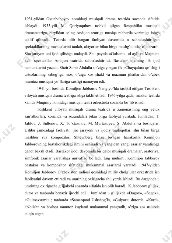 komiljon jabborov 1930-yillarning ikkinchi yarmidan boshlagan. avvaliga xalq qo’shiqchiligi janriga e’tiborli bo’lib, ularning sir-u sinoatlarini anglar, shunga o’xshash asarlar yarata boshlagan. «ko’zlaring», «ey, pari», «xush kelding» kabi qo’shiqlari aynan xalq ijodiyoti ohanglariga xosligi bilan xarakterlanadi. ijodiy kamoloti uchun ushbu yillar juda katta ibratli maktab sifatida muhrlanganligini qayd etish joiz. avvalo, o’zbek musiqa darg’alari bilan har tomonlama faoliyat olib borish bo’lsa, ikkinchi tomondan professional musiqa ijodiyoti namoyandalarining faoliyati bilan tanishish bo’ldi. 1941-yildan professional kompozitorlar bilan hamkorlikda ijod etib, musiqa ijodiyotining ushbu yo’nalishini ham leningrad konservatoriyasining namoyandalaridan m. shteynberg, a. kozlovskiy va bir qator rus kompozitorlarining ham ta’limini olishga va birga hamkorlik qilishga muyassar bo’ladi. o’zbek bastakorlarining 30–40-yillardagi rus kompozitorlari bilan hamkorligi o’zbek musiqasi uchun yangi yo’nalishdagi bir qator musiqiy-sahnaviy asarlar, simfonik asarlarning yaratilishiga sabab bo’ldi. avvalo, bastakorlarning kompozitorlik yo’nalishini egallashlari, bu yo’nalishda o’zbekona asarlarning yaratilishiga olib keldi. hamkorlikdagi ijod asosida yaratilgan ilk asarlar, asosan, xalq musiqa ijodiyotiga, ya’ni folklor va mumtoz …