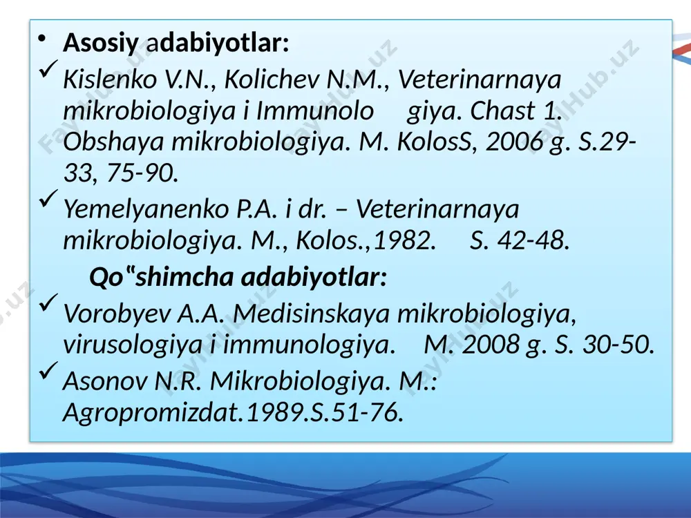 ng bakteriyalari ( koliformlar ) 0,01 g 15 mikrobilogik standartlar bug'da pishirilgan, sovutilgan va muzlatilgan go'sht mahsulot nomi ko'rsatkichlar qabul qilinadigan darajalar, ortiq emas eslatma muzlatilgan go'sht go'sht bloklari mezofil aerob va fakultativ anaerob mikroorganizmlar soni , cfu*/g, ortiq emas escherichia coli guruhining bakteriyalari ( koliformlar ) 0,001 g. bolalar ovqatlari uchun go'sht bloklari mezofil aerob va fakultativ anaerob mikroorganizmlar soni , cfu*/g, ortiq emas escherichia coli guruhining bakteriyalari ( koliformlar ) 0,001 g. 16 mikrobilogik standartlar bug'da pishirilgan, sovutilgan va muzlatilgan go'sht mahsulot nomi ko'rsatkichlar qabul qilinadigan darajalar, ortiq emas eslatma muzlatilgan go'sht mexanik ajratilgan go'sht ( oldindan suyaklangan ) mezofil aerob va fakultativ anaerob mikroorganizmlar soni , cfu*/g, ortiq emas koliform bakteriyalar ( koliformlar ) 0,0001 g go'shtning buzilishi go'shtning buzilishi saqlash vaqtida mikroorganizmlarning faolligi natijasida yuzaga keladi. go'shtning buzilishi turlari: shilliq , chirish, kislotali fermentatsiya, pigmentatsiya 17 go'shtning buzilishi turlari 18 shilliq saqlash muddati oxirida sovutilgan go'shtning …