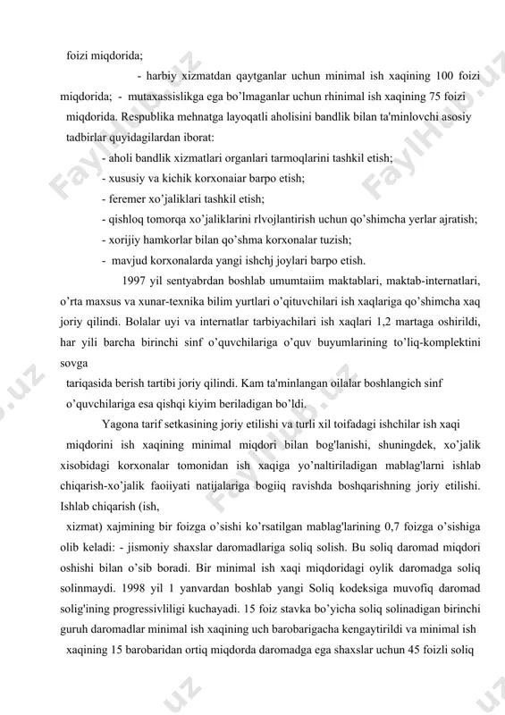 qarish (ish, xizmat) xajmining bir foizga o’sishi ko’rsatilgan mablag'larining 0,7 foizga o’sishiga olib keladi: - jismoniy shaxslar daromadlariga soliq solish. bu soliq daromad miqdori oshishi bilan o’sib boradi. bir minimal ish xaqi miqdoridagi oylik daromadga soliq solinmaydi. 1998 yil 1 yanvardan boshlab yangi soliq kodeksiga muvofiq daromad solig'ining progressivliligi kuchayadi. 15 foiz stavka bo’yicha soliq solinadigan birinchi guruh daromadlar minimal ish xaqining uch barobarigacha kengaytirildi va minimal ish xaqining 15 barobaridan ortiq miqdorda daromadga ega shaxslar uchun 45 foizli soliq stavkasi joriy qilindi. aholini ijtimoiy himoya qilish uchun soliq siyosatidan xam bevosita, xam bilvosita foydalanildi. soliq siyosatidan bevosita foydalanish fuqarolar ish haqidan soliq yukining kamayishida ifodalanadi. o’zbekiston respublikasi prezidentining 1995 yil 24 fevraldagi "fuqarolar daromadlariga soliq solish darajasini pasaytirish to’g'risidagi" farmoniga muvofiq quyidagilar belgilandi: - fuqarolar daromadlariga progressiv stavkada soliq solishning eng yuqori darajasini 45 dan 40 foizga qisqartirish; - sog'liqqa zarar yetkazadigan sharoitlarda band bo’lgan aholi daromadlaridan soliq olish …