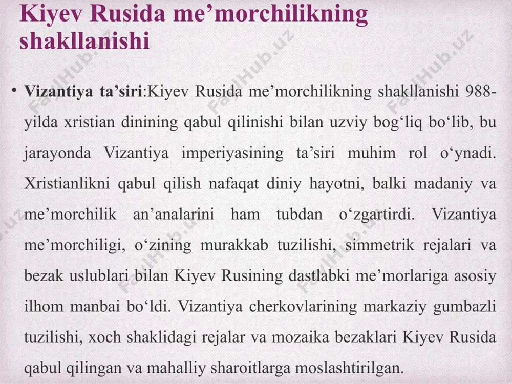 orasida ibodatxonalar, saroylar, qo‘lyozma kitoblar va badiiy asarlar muhim o‘rin tutadi.eng muhim me’moriy yodgorliklardan biri kiyevdagi ayasofya soboridir. xi asrda qurilgan ushbu sobor vizantiya me’morchiligining ta’siri ostida barpo etilgan bo‘lib, uning mozaikalari va freskalari o‘sha davr san’atining yuksak darajasini ko‘rsatadi. xulosa kiyev rusi davrida shakllangan san’at va me’morchilik nafaqat o‘sha davrning ijtimoiy va diniy hayotini aks ettirgan, balki keyingi rus madaniyatining rivojlanishiga katta ta’sir ko‘rsatgan. xristianlikning qabul qilinishi bilan vizantiya san’ati va me’morchiligining ta’siri kuchaygan bo‘lsa-da, mahalliy an’analar va xalq ijodiyoti bu san’atni o‘ziga xos qilgan. ikonalar, freskalar, mozaikalar va cherkov me’morchiligi kiyev rusining madaniy merosining muhim qismini tashkil etadi. ushbu davr yodgorliklari keyingi asrlarda rus san’atining rivojlanishiga asos bo‘lib xizmat qildi va nafaqat rus hududlarida, balki qo‘shni mamlakatlarda ham o‘z ta’sirini ko‘rsatdi. foydalanilgan adabiyotlar roʻyxati: алимов л. н. – qadimgi rus davlati tarixi султанов р. – slavyan xalqlari san’ati va me’morchiligi tarixi тошматов н. – sharq va g‘arb me’morchiligi …