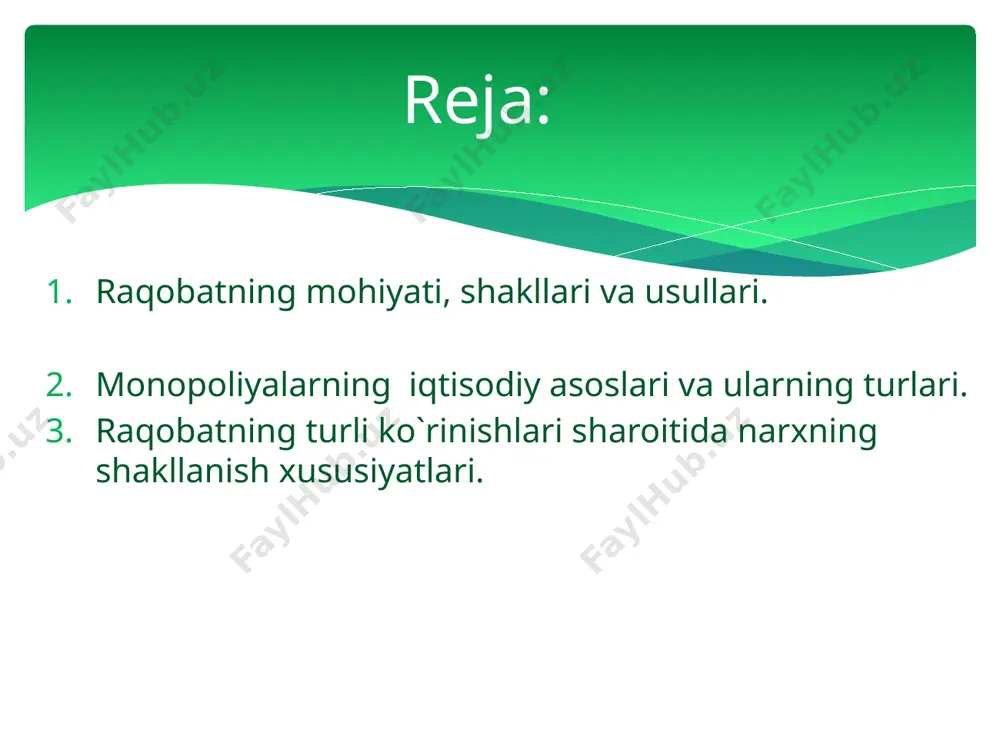 ing bozordagi mavqeiga ko`ra sof yoki erkin raqobat; sof monopoliya; monopolistik raqobat; oligopoliya. 2. miqyosiga ko`ra: tarmoqlar ichidagi raqobat; tarmoqlar o`rtasidagi raqobat; millliy xo`jalik doirasidagi raqobat; jahon xo`jaligi doirasidagi raqobat. 3. sodir bo`lish xarakteriga ko`ra tartibsiz (stixiyali) raqobat; tartibga solinadigan raqobat 4. amalga oshirish usuliga ko`ra: narx vositasidagi raqobat; narxsiz raqobat. 5. amalga oshirish yo`liga ko`ra: xalol raqobat; g`irrom raqobat. ishlab chiqaruvchi (sotuvchi) larning bozordagi mavqeini belgilab beruvchi omillar: ishlab chiqaruvchi (sotuvchilar) soni. to`siqlarning mavjudlik darajasi (bozorga kirish va undan chiqib ketish). sof raqobat sof monopoliya monopolistik raqobat oligapoliya 1.ishlab chiqaruvchi (sotuvchilar) soni juda ko`p yagona nisbatan ko`proq kam sonli 2. to`siqlarning mavjudlik darajasi mavjud emas katta, taqiqlash bilan barobar unchalik katta emas katta raqobat shakllari asosiy belgilar tarmoq ichidagi raqobat – mahsulot ishlab chiqarish va sotishda qulay sharoitga ega bo`lish uchun bir tarmoq korxonalar o`rtasida boradi. tarmoq ichidagi raqobat natijasida turli ishlab chiqaruvchilar tovarlarning individual (alohida) narxi bozor narxiga …