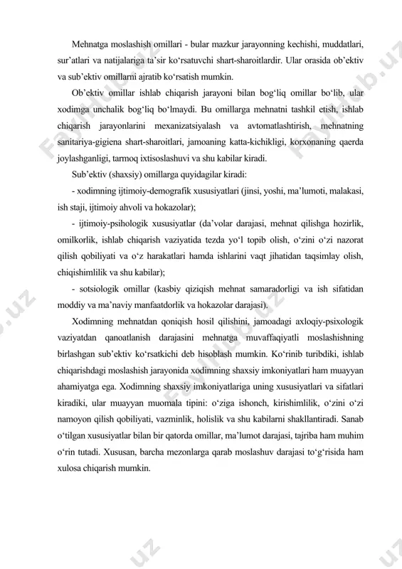 xodimning shaxsiy imkoniyatlariga uning xususiyatlari va sifatlari kiradiki, ular muayyan muomala tipini: o‘ziga ishonch, kirishimlilik, o‘zini o‘zi namoyon qilish qobiliyati, vazminlik, holislik va shu kabilarni shakllantiradi. sanab o‘tilgan xususiyatlar bilan bir qatorda omillar, ma’lumot darajasi, tajriba ham muhim o‘rin tutadi. xususan, barcha mezonlarga qarab moslashuv darajasi to‘g‘risida ham xulosa chiqarish mumkin. kasbni tanlash va unga moslashish agar kasb to‘g‘ri tanlangan bo‘lsa, moslashuv (ko‘nikish) ancha tezroq va muvaffaqiyatliroq kechadi. yoshlarning kasb tanlash muammosi ham nazariy, ham amaliy qiziqish uyg‘otadi. bir tomondan, unda yoshlarning intilishlari va muddaolari aks etadi, ikkinchi tomondan, bu muddaolarni aniq amalga oshirish, shaxsiy rejalarni ro‘yobga chiqarish o‘z ifodasini topadi. kasb tanlash yoshlarning shaxsiy niyatlarini va qiziqishlarini aniq maqsadga qaratilgan holda shakllantirish, bunda jamiyatning ijtimoiy-iqtisodiy ehtiyojlarini hisobga olish, yoshlarning intilishlari va shaxsiy rejalarini, ularni amalga oshirish imkoniyatlari bilan moslashtirish orqali boshqariladi. bunday ishning muayyan shakli kasbiy tanlashdir. kasbiy tanlash - ilmiy asoslangan usullar yordamida insonning u yoki bu ishni …