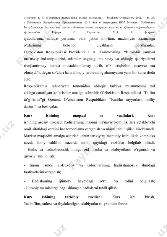 shonchli); 2) hasan (yaxshi); 3) zaif. qur’onda barcha huquqiy va axloqiy masalalar umumiy tarzda bayon etilgan. ularga aniqlik kiritish va izohlash uchun muhammad (s.a.v.) o’z hadislarini aytardi. bu hadislarni payg’ambarlarning safdoshlari yodda saqlashga harakat qilardi. ma’lumki, tarixan g’oyatda qisqa muddatda nozil bo’lgan qur’oni karim oyatlari ba’zi hollarda umumlashtirilgan, murakkab holda keltirilgan bo’lganligidan payg’ambarimiz hadislari ushbu oyati shariflarni kengroq talqin etadi, ularni oddiylashtirib bayon qilib, unda keltirilgan voqea va hodisalarni ko’pchilikka tushunarli qilib mufassal holatda sharhlaydi. payg’ambar alayhissalom hadislari u zoti sharif yashagan davr uchun haqiqiy bir ko’zgu vazifasini ham o’taydi. chunki ular sarvari olamning hayotlari, husni axloqlari, adolatli jamiyat qurish yo’lida ko’rsatgan beqiyos sa’y-harakatlari, yaxshiligu xayr-barakotga asoslangan faoliyatlarni o’z ichiga oladi. mana shularga binoan oldin o’tgan hech bir payg’ambarlar va ulug’larga ko’rsatilmagan alohida bir e’tibor bilan ilm ahllari hadislarni to’plashga kirishdilar. hadis ilmi bilan shug’ullanish eng aziz va sevimli mashg’ulot hisoblanib, ularni to’plash uchun olimu ulamolar butun aql-zakovati-yu qalb qo’ri …