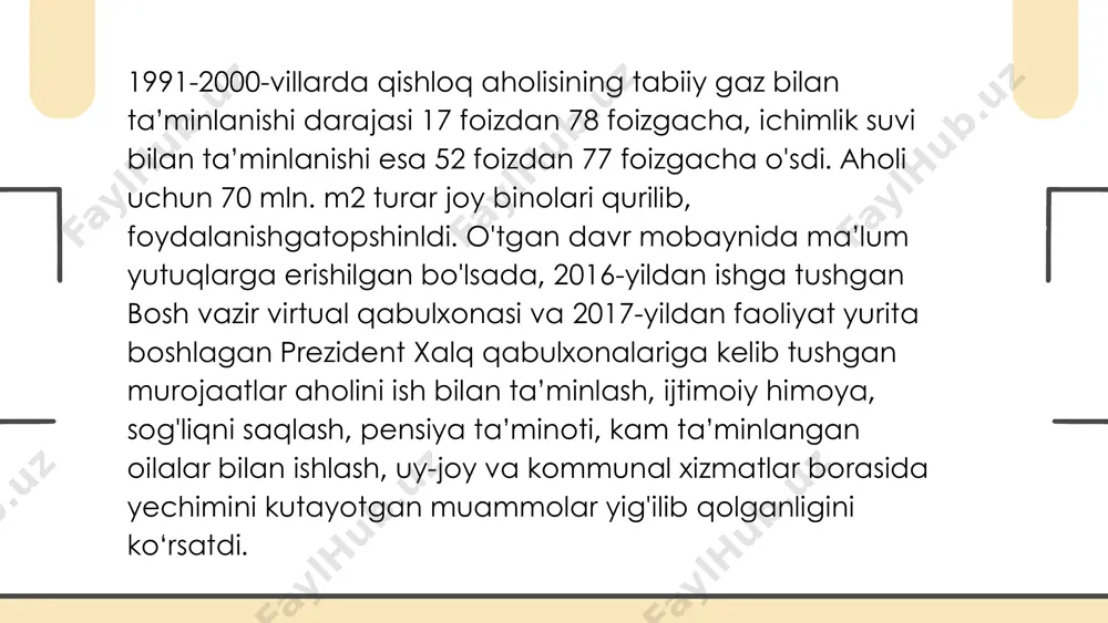 gentliklari tomonidan yuqori baholangan. xalqaro “save children” (buyuk britaniya) tashkilotining ma’lumotlariga qaraganda, ayollar uchun yaratilgan shart-sharoitlar borasida o‘zbekiston jahondagi 125 ta davlat o‘rtasida 19-o‘rinni, onalikni himoya qilish bo‘yicha esa27-o‘rinni egallaydi. “sog‘lom ona sog’lom bola” davlat dasturida emlanishga alohida e’tibor qaratilgan. ushbu dastur xsst, yunisef hamda “o‘zbekistonda ona va bola sog’lig‘ini himoya qilish milliy modeli: “sog’lom ona sog‘lom bola” xalqaro toshkent simpoziumining obro‘li ishtirokchilari tomonidan yuqori baholangan. 2010- yilda mamlakatimizda mutlaq sog‘lom bolalar soni ko‘rsatkichi 62,6 foizga yetdi. sohada amalga oshirilgan islohotlar natijasida o‘zbekistonda mustaqillik yillarida umr ko‘rish davomiyligi 1990- yildagi 67,2 yoshdan 2012-yilda 72,9 yoshga o‘sdi. ushbu ko'rsatkich erkaklarda 70,7 yosh, ayollarda 75,2 yoshni tashkil etib, mdh davlatlarining ko‘rsatkichlariga qaraganda ancha yuqoridir. so‘nggi yillarda o‘zbekistonda tibbiyot va sog’liqni saqlash sohasida amalga oshirilgan ishlar o‘zbekiston respublikasining prezidenti sh.mirziyoyevning 2019- yil 9-noyabrdagi sog‘liqni saqlash xodimlari kuniga bag‘ishlangan bayram tabrigida batafsil ko‘rsatib o'tildi. unda keltirilishicha, bugungi kungacha sohani isloh qilish bo'yicha respublikamizda 170 …