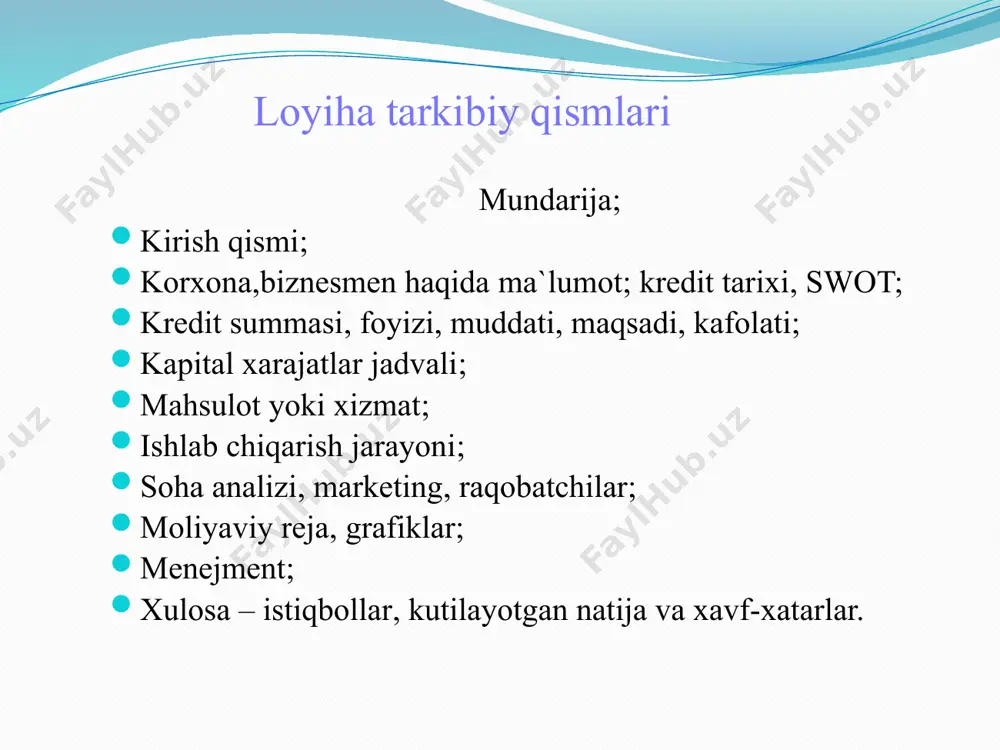 00 000 x 1 000 000 4 xom ashyo (material va h.z) 1 000 000 1 000 000 x 5 pichuv stol ( 2 ta ) 800 000 x 800 000 6 stul ( 4 ta) 600 000 x 600 000 7 overlog texnikasi 1 000 000 x 1 000 000 9 yorliq texnikasi 700 000 x 700 000 10 zigzag texnikasi 500 000 x 500 000 jami 9 600 000 2 000 000 7 600 000 swot taxlili kuchli tomonlari ushbu sohada tajribaning borligi va mahsulotlar jahon andozasiga teng kela olishi. kuchsiz tomonlar mablag’ni to’la ish boshlash uchun yetarli emasligi. imkoniyatlar mahsulotlarni kelgusida chet el davlatlariga eksport qilishni yo’lga qo’yish. to’siqlar hom ashyoni oshib ketishi. raqobatchilar ko’payib ketishi. xususiy tadbirkor tomonidan ishlab chiqriladigan ayollarga zamonaviy liboslar yaratish va kollej o’quvchilari formalarni tikish uchqo’rg’on hududidagi viloyat, shahar va tumanlarida joylashgan chakana va ulgurji savdo do’konlariga yetkazib beriladi hamda viloyatda mavjud …