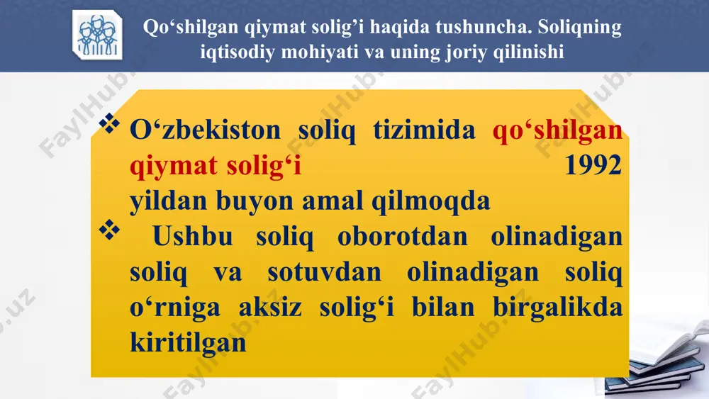 ga haq to‘lash fondining kamida 50 foizini tashkil etadigan, yagona ishtirokchisi nogironligi bo‘lgan shaxslarning jamoat birlashmalari hisoblangan yuridik shaxslar tomonidan realizatsiya qilinadigan tovarlar va xizmatlarni; 7) pochta markalarini, markali otkritkalarni, konvertlarni; * 8) pensiyalar va nafaqalar to‘lashga doir xizmatlarni(sayyor kassa); 9) budjet mablag‘lari hisobidan bajariladigan ilmiy-tadqiqot va innovatsiya ishlarini. mazkur soliq solishdan ozod etish tegishli moliya organining budjetdan mablag‘lar ajratish to‘g‘risidagi xulosasi mavjud bo‘lgan taqdirda qo‘llaniladi; 10) o‘qitish (ta’lim) sohasidagi xizmatlarni, shu jumladan test sinovlari va imtihonlar o‘tkazishni tashkil etish xizmatlarini, xususan: a) boshlang‘ich, o‘rta, o‘rta maxsus, texnik va kasb-hunar, oliy ta’lim va oliy o‘quv yurtidan keyingi ta’lim sohasidagi ta’lim xizmatlarini; b) ta’lim muassasalari (tashkilotlari), shuningdek kadrlarni qayta tayyorlash va ularning malakasini oshirishni amalga oshiradigan tashkilotlar tomonidan ko‘rsatiladigan qo‘shimcha ta’lim berish bo‘yicha xizmatlarni; c) maktabgacha ta’lim va tarbiya dasturlari doirasida ta’lim va tarbiyalash faoliyatini amalga oshiruvchi tashkilotlarda bolalarga qarash va ularni parvarishlash bo‘yicha xizmatlarni, to‘garaklarda, seksiyalarda (shu jumladan sport seksiyalarida) …