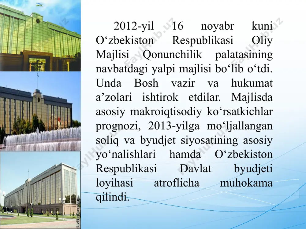r faoliyatiga innovatsiyalarni keng joriy etish uchun yana bir rag‘batlantiruvchi omil sifatida xizmat qilishini alohida ta’kidladilar. 313 ta umumta’lim maktabi, 228 ta akademik litsey va kasb-hunar kolleji ta’lim va tibbiyot muassasalarini rekonstruksiya qilish, kapital ta’mirlash va jihozlash byudjetdan tashqari fondi mablag‘lari hisobidan kapital ta’mirlanadi va rekonstruksiya qilinadi. 1500 tadan ortiq umumta’lim muassasasi hamda 700 ta akademik litsey va kasb-hunar kolleji hozirgi zamon o‘quv jihozlari, kompyuterlar va o‘quv laboratoriyalari bilan ta’minlanadi. 54 ta bolalar musiqa va san’at maktabi, shuningdek, 137 ta sport zali va 25 ta bolalar sporti ob’ekti qurish, ularni kapital ta’mirlash va jihozlash rejalashtirilmoqda. www.arxiv.uz iqtisodiyotni moliyaviy qo‘llab-quvvatlash uchun 2,8 trillion so‘m ajratish nazarda tutilmoqda. bu esa joriy yilning tasdiqlangan parametrlariga nisbatan 22 foizga ko‘p. xususan, qishloq xo‘jaligi mahsulotlari yetishtiruvchilarni suv resurslari bilan o‘z vaqtida va to‘liq ta’minlashga 1,4 trillion so‘m sarflash mo‘ljallangan. bundan tashqari, melioratsiya shoxobchalarini rekonstruksiya qilish, ta’mirlash va tozalash dasturi doirasida sug‘oriladigan yerlarning meliorativ holatini yaxshilash …