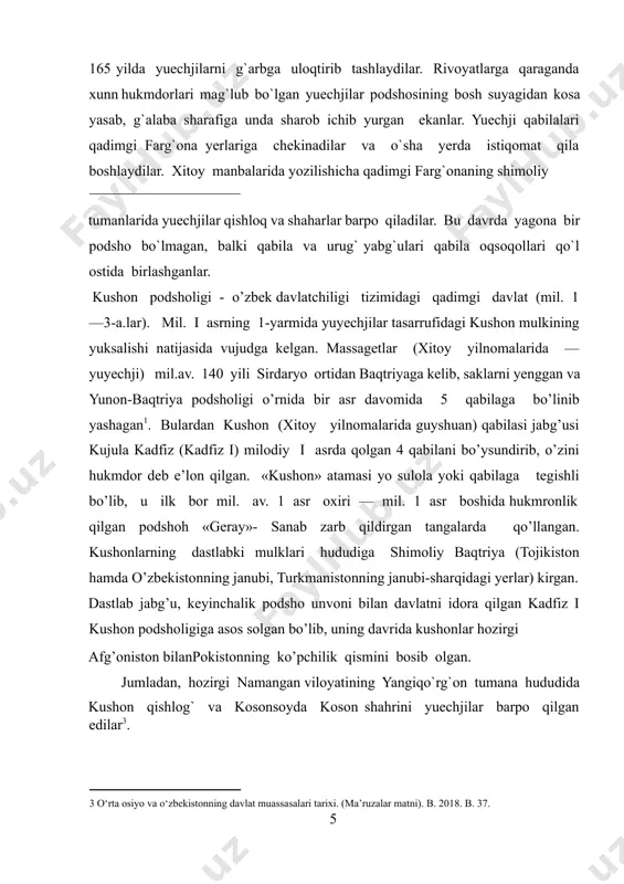irgi afg’oniston bilanpokistonning ko’pchilik qismini bosib olgan. jumladan, hozirgi namangan viloyatining yangiqo`rg`on tumana hududida kushon qishlog` va kosonsoyda koson shahrini yuechjilar barpo qilgan edilar[footnoteref:3]. [3: о‘rta osiyo va о‘zbekistonning davlat muassasalari tarixi. (ma’ruzalar matni). b. 2018. b. 37. ] ma'lumki, miloddan avvalgi ii asr o’rtalarida yunon-baqtriya davlati inqiroz sari yuzlanadi. ana shu qulay vaziyatdan foydalangan yuechjilar miloddan avvalgi 140-130 yillarda so`g`d yerlari orqali baqtriyaga bostirib kеladilar va shimoliy baqtriya hududlarini e`gallab oladilar. yuechjilar baqtriyada 100 yil mobaynida 5 ta qabilaga bo`linib yashaganlar. ular mil. av. 140-130 yillarda yunon - baqtriyani ham o‘zlariga tobe qiladilar va “katta yue-chje” davlat uyushmasiga asos soladilar. bu davlat uyushmasiga beshta hokimlik: 1 шайдуллаев. ш – ўзбекистон ҳудудида давлатчиликнинг пайдо бўлиши ва ривожланиши босқичлари. t. 2009. b.61. guyshuan, xyumi, shaunmi, xise va dumilar bo‘ysunar edi. guyshuan (kushon) qabilasi (yabg`usi kudzula kadfiz edi) to`rtta qabila yabg`ularini o`ziga tob е etib barcha qabilalar ustidan hukmronlik qilardi. u o`z …