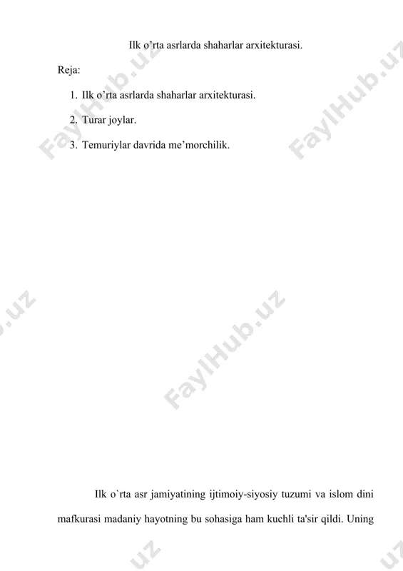 arning tagsinchlaridan tortib ustunlari-yu sarrovlari va to`sinlarigacha yog`ochlarni payvandlash uslubida qurilib, sinchlarning orasi xom g`isht yoki guvalalar bilan urib chiqilgan. bu tuzilishdagi imoratlarni qurish hozirgacha saqlanib keladi. afrosiyob, varaxsha, buxoro va poykand shahar xarobalarida kovlab ochilgan turar joy qoldiqlaridan ma'lum bo`lishicha, x-xi asrlarda ham paxsa va xom g`ishtdan qurilgan imoratlar shahar me'morchiligida asosiy o`rinni egallagan. naqqoshlik va o`ymakorlik x–xii asrlarda movarounnahr va xorazmda me’morchilik va san’at yangi taraqqiyot bosqichiga ko‘chdi. avvalambor, o‘rta asr jamiyatining ijtimoiy-siyosiy tuzumi va bu davrda to‘la g‘alaba qozongan islom dini mafkurasi madaniy hayotning bu coxasiga ham kuchli ta’sir qildi. uning tashqi qiyofasi va mazmuni tubdan o‘zgardi. qolaversa, mamlakatning iqtisodiy ko‘tarilishi natijasida uning yangi yo‘nalishida ravnaq topishi uchun qulay sharoit yuzaga keldi. viii asrda yuz bergan tushkunlikdan keyin shaharlar kengayib, obodonlashdi. asrlar davomida to‘plangan va avloddan-avlodga an’anaviy ravishda o‘tib, tobora boyib kelgan me’morchilik yuqori darajada rivojlandi. shaharlarda hashamatli binolar qad ko‘tardi. binokorlikda xom g‘isht va paxsa bilan …