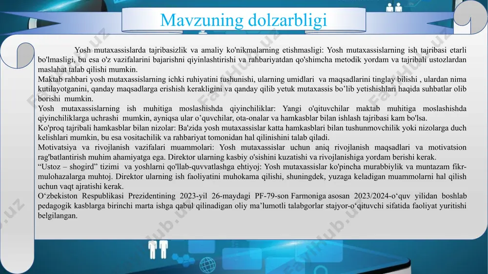 son farmoniga asosan 2023/2024-o‘quv yilidan boshlab pedagogik kasblarga birinchi marta ishga qabul qilinadigan oliy ma’lumotli talabgorlar stajyor-o‘qituvchi sifatida faoliyat yuritishi belgilangan. mavzuga oid adabiyotlar tahlili maktabda yosh mutaxasislar bilan ishlash samaradorligini oshirish, moddiy-texnika bazasini mustahkamlash, umumiy o’rta ta’lim muassasalarini malakali pedagog kadrlar bilan ta’minlash, o‘quvchilarni kelajak hayotga tayyorlash darajasini tubdan yaxshilash, ta’lim-tarbiya jarayoniga zamonaviy ta’lim dasturlari va texnologiyalarini tatbiq etish, o’quvchilarni har tomonlama intellektual, axloqiy, estetik va jismoniy rivojlantirish uchun shart-sharoitlar yaratish maqsadida o‘zbekiston respublikasi prezidentining 2023-yil 26-maydagi pf-79-son farmoninidan amaliy topshiriqda ma’lumotlar olindi o‘zbekiston respublikasi prezidentining 2023-yil 26-maydagi pf-79-son farmoni o‘zbekiston respublikasi prezidentining farmoni maktabgacha va maktab ta’limi vazirligi hamda uning tizimidagi tashkilotlar faoliyatini samarali tashkil etish chora-tadbirlari to‘g‘risida mirziyoyev sh.m. buyuk kela-jagimizni mard va oli-janob xalqi-miz bilan birga quramiz–t: “o‘zbekiston”, 2017. - 488 b. respublikamiz prezidenti sh.m.mirziyoev tomonidan olib borilayotgan ijtimoiy-iqtisodiy siyosatda mamlakatimiz hayotining barcha jabhalarini rivojlantirishga, jumladan ta’lim soxasiga juda katta e’tibor berilmoqda yosh mutaxassislar mehnat bozorining …