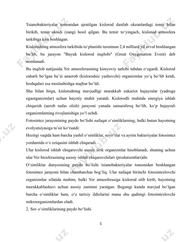 xloroplastlar fotosintez jarayonida muhim rol o‘ynaydi. shuningdek, o‘simlik hujayralarida yirik markaziy vakuola bo‘ladi, bu vakuola suv, mineral tuzlar, zaharli moddalar va chiqindilarni saqlashga xizmat qiladi. hujayra yadrosi esa irsiy axborotni saqlaydi va hujayra faoliyatini boshqaradi. fotosintez — asosiy hayotiy jarayon fotosintez — o‘simliklar uchun eng muhim va asosiy hayotiy jarayondir. bu jaryon davomida o‘simliklar quyosh nurini, karbonat angidrid gazini (co₂) va suvni (h₂o) qabul qilib, organik modda — glyukoza (c₆h₁₂o₆) hosil qiladi va atmosferaga kislorod (o₂) ajratadi. bu jarayon quyidagi umumiy tenglama orqali ifodalanadi: 6co₂ + 6h₂o → c₆h₁₂o₆ + 6o₂ (yorug‘lik va xlorofill ishtirokida) fotosintez natijasida nafaqat o‘simliklar oziqlanadi, balki boshqa tirik organizmlar, shu jumladan insonlar uchun ham kislorod va oziq manbai yaratiladi. o‘sish va rivojlanish o‘simliklar hayoti davomida muntazam ravishda o‘sib boradi. ularning o‘sishi hujayralarning bo‘linishi va kattalashishi hisobiga sodir bo‘ladi. o‘simliklarda uchuvchi va yonuvchi o‘suv sohalari mavjud bo‘lib, ayniqsa ildiz uchida va poya uchida o‘sish faolligi yuqori …