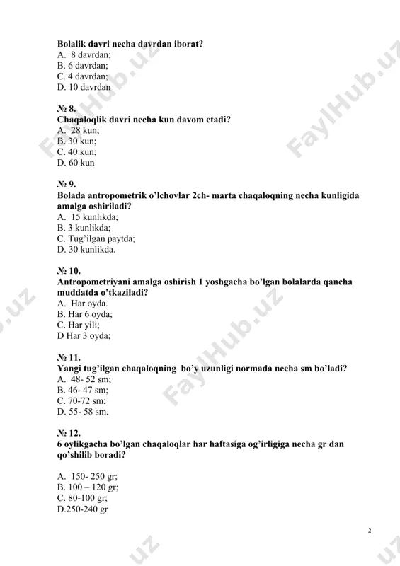 h aylanasi normada necha sm bo`ladi? a 34 – 36 sm; b. 30- 32 sm; c. 37- 39 sm; d. 51- 53 sm. № 17. . 1 yoshli bolaning 1 minutdagi nafas sonini ko’rsating? a 30 – 35 sm; b. 40 – 60 sm; c. 24 – 26 sm; d. 17 – 18 sm. № 18. . chaqaloqlar 1 minutda necha marta nafas oladi? a. 40 – 60. b. 24 – 26 ; c. 17 – 18 ; d.30 – 35 ; № 19. manba: pediatriyada hamshiralik ishi. q.inomov, m.g’aniyevai-bob, 5-bet qiyinlik darajasi – 1 quyidagi olimlardan qay biri tibbiyot asoschisi? a. buqrot; b. soran; c. galen; d. ibn sino. № 20. pediatriyaning tibbiyot fani sifatida rivojlanish jarayoni necha davrga bo’linadi? a. 3 davrga; b. 2 davrga; c. 4 davrga; d. 6 davrga. № 21. jahon tibbiyotiga katta hissa qo’shgan qomusiy olim nomini ko’rsating? a. abu ali ibn sino; b. …
