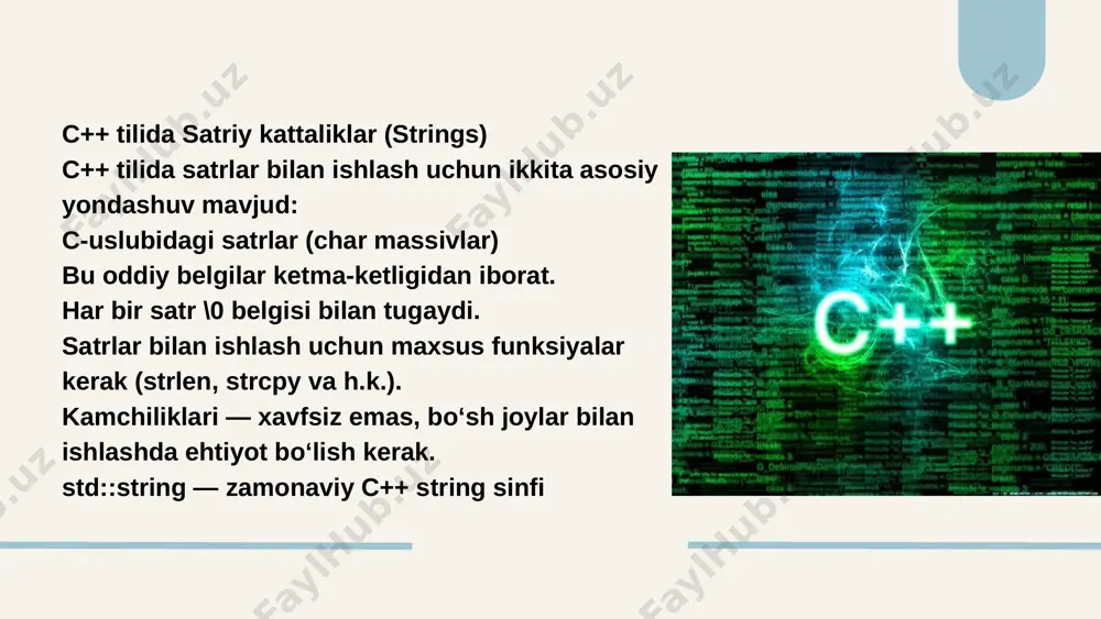 i bo'lib, obyektga yo'naltirilgan dasturlash (oop) paradigmasining asosini tashkil etadi. sinf obyektlar uchun shablon yoki konstruksiya vazifasini bajaradi. u ma'lumotlarni (a'zo-o'zgaruvchilar yoki xususiyatlar) va bu ma'lumotlar bilan ishlaydigan funksiyalarni (a'zo-funksiyalar yoki metodlar) birgalikda birlashtiradi. sinfning asosiy tushunchalari: * a'zo-o'zgaruvchilar (data members): sinf obyektining holatini ifodalovchi o'zgaruvchilar. ular obyektning xususiyatlarini saqlaydi. * a'zo-funksiyalar (member functions yoki methods): sinf obyektining xatti-harakatini (behavior) aniqlovchi funksiyalar. ular obyektning ma'lumotlari bilan ishlash va obyektning vazifalarini bajarish uchun ishlatiladi. konstruktorlar (constructors): sinf obyektlari yaratilganda avtomatik ravishda chaqiriladigan maxsus a'zo-funksiyalar. ular obyektning boshlang'ich holatini o'rnatish (a'zo-o'zgaruvchilarga boshlang'ich qiymatlar berish) uchun ishlatiladi. konstruktor sinf nomi bilan bir xil nomga ega va qaytariladigan qiymatga ega emas. * destruktorlar (destructors): sinf obyektlari xotiradan o'chirilishidan oldin avtomatik ravishda chaqiriladigan maxsus a'zo-funksiyalar. ular obyekt tomonidan ajratilgan resurslarni (masalan, dinamik xotira) ozod qilish uchun ishlatiladi. destruktor sinf nomi oldiga ~ belgisi qo'yilgan nomga ega va qaytariladigan qiymatga ega emas. sinflar c++ dasturlash tilining …