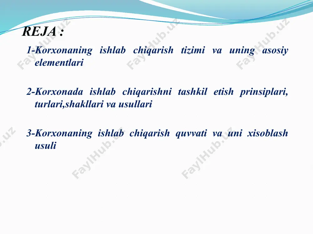 nlar ishlab chiqarish uchun xizmat qiladi va mahsulot ishlab chiqarishning asosiy jarayonini uzluksiz ta’minlaydi. xizmat qilish jarayoniga korxonalarning moddiy-texnika ta’minoti, tayyor mahsulotni sotish, transport bilan xizmat qilish va hokazolar kiradi. mahsulotlarning ayrim qismlarini tayyorlash jarayoni parallel ketma-ket mashinasozlik korxonalarining asosiy jarayoni uchta bosqichdan iborat: tayyorlash, qayta ishlash yig’uv buyumlarning shakli yoki mehnat buyumlarining kimyoviy tarkibi bir necha o’rinlarda ishchilar nazorati ostida o’zgarishiga operatsiya deyiladi. operatsiya ishlab chiqarish jarayonining bir qismidir. operatsiyalar ish harakatlari (priyomlar)ga bo’linadi. priyom – bu ish harakatining berk jarayoni bo’lib, bir ishlovchi tamom qilgan ish elementidan iboratdir ishlab chiqarish jarayonlari vaqt bo’yicha davom etish xususiyatlariga qarab, takrorlanib turadigan va uzluksizlarga bo’linadi. takrorlanib turadigan jarayonlarda boshlang’ich xom ashyo va materiallar uskunalar yordamida uzluksiz ravishda qayta ishlanadi va natijada tayyor mahsulotga aylantiriladi ishlab chiqarishni tashkil etishning eng ilg’or shakllariga ixtisoslashtirish, kooperativlashtirish va kombinatsiyalash kiradi. ishlab chiqarishni ixtisoslashtirish - bu, ijtimoiy mehnat taqsimotining eng muhim shakllaridan biri hisoblanib, u ilmiy-texnik …