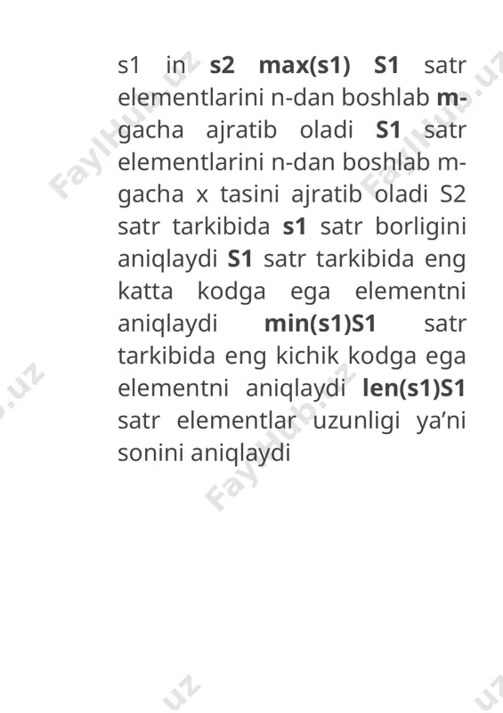 ulosa satrli ma’lumotlar bo‘yicha python dasturlash tilida bir qancha amallar aniqlangan. bu amallarni ishlash jarayoni va ulardan foydalanishni qarab o‘tamiz. s1+s2s1 va s2 satrlarni bir biriga ulaydi s1*s2s1 satr ma’lumotlarini ikki marta bir biriga ulaydi s1[n:m] s1[n:m:x] s1 in s2 max(s1) s1 satr elementlarini n-dan boshlab m- gacha ajratib oladi s1 satr elementlarini n-dan boshlab m- gacha x tasini ajratib oladi s2 satr tarkibida s1 satr borligini aniqlaydi s1 satr tarkibida eng katta kodga ega elementni aniqlaydi min(s1)s1 satr tarkibida eng kichik kodga ega elementni aniqlaydi len(s1)s1 satr elementlar uzunligi ya’ni sonini aniqlaydi foydalanilgan adabiyotlar 1. http://fayllar.org/ 2. https://studmate.ru/ 3. https://slideplayer.com/