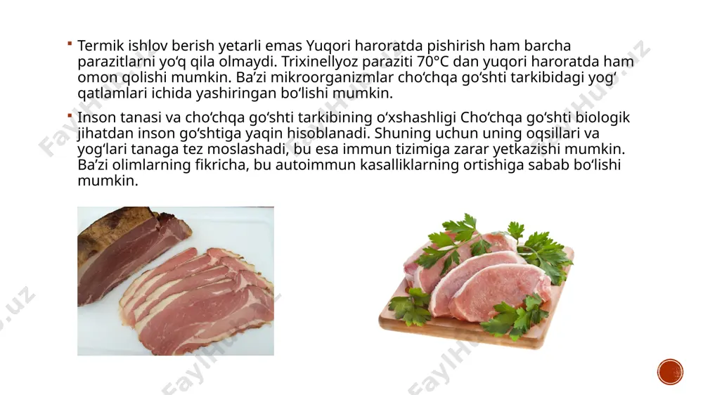 teʼmol yurak-qon tomir kasalliklarini keltirib chiqarishi mumkin. yagona toʻyinmagan yogʻlar (olein kislotasi) – yurak salomatligi uchun foydali, zaytun moyiga oʻxshash xususiyatga ega. koʻp toʻyinmagan yogʻlar (linol va alfa-linolen kislotasi) – omega-6 va omega-3 kislotalari tarkibiga kiradi va yalligʻlanishga qarshi taʼsirga ega. ferment va ekstraktiv moddalar choʻchqa goʻshti tarkibida atp, kreatin, nuklein kislotalar va boshqa ekstraktiv moddalar mavjud. ular: taʼm va hid hosil qilishda ishtirok etadi. mushaklarning energiya ishlab chiqarish jarayonida yordam beradi. maillard reaksiyasini qoʻllab-quvvatlab, pishirish paytida goʻshtga xos jigarrang tus va mazali taʼm hosil qiladi ph darajasi va goʻshtning yumshoqligi choʻchqa goʻshti ph 5.5-6.0 oraligʻida bo‘ladi. past ph – goʻsht suvni yomon ushlaydi, qurib qolishi mumkin. yuqori ph – bakteriyalar tezroq koʻpayishi mumkin antioksidantlar va bioaktiv moddalar koenzim q10 – yurak salomatligi uchun foydali. karnitin – yogʻlar almashinuvini yaxshilaydi, energiya ishlab chiqarishga yordam beradi. glutation – hujayralarni oksidlanish stressidan himoya qiladi. ogʻir metallar va zararli moddalar sanoat ishlab chiqarishidagi …