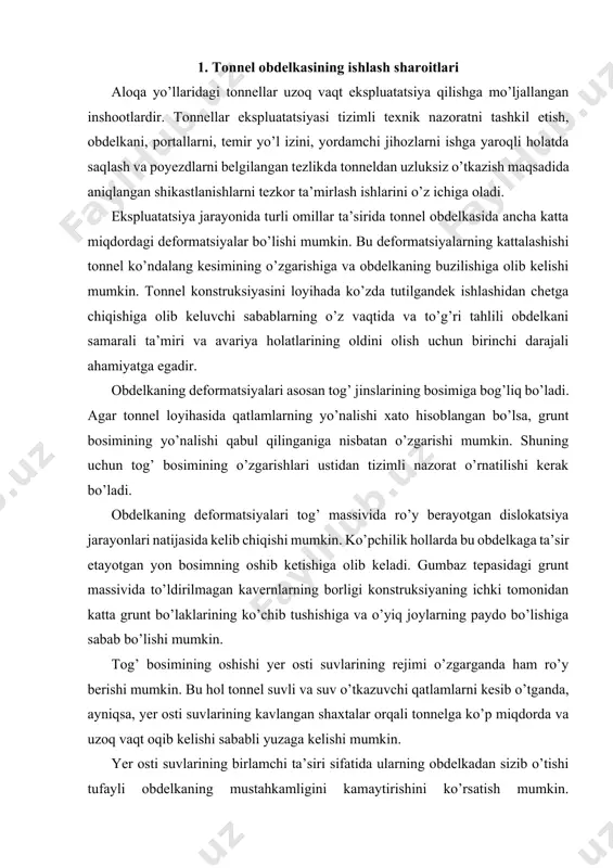tonnel suvli va suv o’tkazuvchi qatlamlarni kesib o’tganda, ayniqsa, yer osti suvlarining kavlangan shaxtalar orqali tonnelga ko’p miqdorda va uzoq vaqt oqib kelishi sababli yuzaga kelishi mumkin. yer osti suvlarining birlamchi ta’siri sifatida ularning obdelkadan sizib o’tishi tufayli obdelkaning mustahkamligini kamaytirishini ko’rsatish mumkin. ikkilamchi ta’sir esa tog’ bosimining anchagina oshib ketishidir, chunki sizib o’tayotgan suv gruntni yuvib uning buzilishiga sabab bo’ladi. bunda grunt massivida bo’shliqlar paydo bo’ladi va konstruksiyaga ta’sir etayotgan tekis tarqalmagan bosim oshadi. tonnelning uzoqqa chidamliligi atmosfyera va harorat omillariga ko’p jihatdan bog’liqdir. tonnel ish sharoitlariga katta ta’sir etuvchi omillar guruhiga seysmik hodisalar kiradi. odatda, yer osti inshootlari yer usti inshootlariga nisbatan yuqori zilzilabardoshlikka egadir va ularning bu xossasi joylashmaning chuqurligi oshgani sari oshib boradi. tonnel inshooti majmuasida zilzilabardoshligi eng kichik bo’lganlari portallar va ularga yaqin uchastkalardir. zilzila paytida yuzaga keluvchi cho’zuvchi kuchlanishlarni qabul qiluvchi samarali vositalardan biri ankerlab mustahkamlashdir. agar ankerlar oldindan zo’riqtirilgan bo’lsa va torkretbeton bilan …