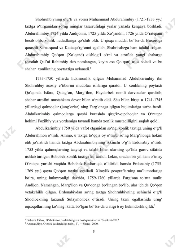 shlab (1805 yil) hukmdorlar rasman “xon” deb yuritila boshlandi.[footnoteref:5] [5: sh.vohidov. qo`qon xonligida unvon va mansablar ―sharq yulduzi, t., 1995] o‘z davrida olimxon harbiy yurishlar qilib o‘ziga yangi viloyatlarni, jumladan ohangaron vohasi, toshkent, chimkent, turkistonni bo‘ysundirishga muvaffaq bo‘ldi. qisqa muddat o‘ratepani ham egalladi, jizzax va zominga yurishlar qildi. harbiy islohatlar o‘tkazib, markazlashgan va kuchli davlat tuzish uchun harakat qilayotgan olimxonning siyosatidan norozi bo‘lgan ayrim zodagonlar guruhi unga qarshi fitna tayyorlay boshladilar. olimxon o‘z hokimiyatini mustahkamlash maqsadida ukasi rustambekni, bir nechta sarkardalarni, din peshvolarini o‘ldirtirib yuboradi. manbalarning ma’lumot berishicha, bu voqealardan so‘ng kuchayib ketgan fitnachilarga olimxonning ukasi umarbek boshchilik qilgan. natijada, 1810 yilda olimxon toshkentdan qo‘qonga qaytayotganda, oltiqush mavzesida o‘g‘li shohruhbek bilan birga qambar mirza tomonidan otib o‘ldiriladi. manbalarga ko‘ra, umarxon (1810-1822 yy.) hukmdorligi davrida yirik yer egalari, harbiy sarkardalar va ruhoniylarning mavqeyi yanada oshadi. u davlat boshqaruvi ishlarida izchil tartib, qonun – qoidalar o‘rnatdi va diniy ishlarni tartibga soldi. natijada, …