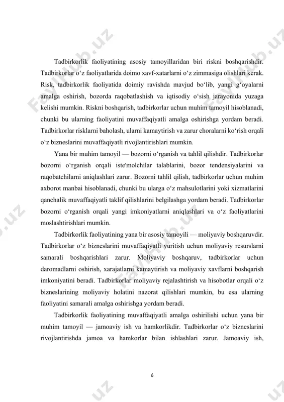 minlash, yangi ish o‘rinlarini yaratish va jamiyatning farovonligini oshirishdir. tadbirkorlar o‘z g‘oyalarini amalga oshirish orqali iqtisodiy rivojlanishni rag‘batlantiradi va ijtimoiy muammolarni hal etishga yordam beradi. ularning faoliyati, shuningdek, innovatsion yondashuvlar va yangi texnologiyalarni joriy etish orqali iqtisodiy tizimni yangilashga xizmat qiladi. tadbirkorlik, shuningdek, ijtimoiy mas'uliyatni ham o‘z ichiga oladi, ya'ni tadbirkorlar jamiyatga foyda keltirish va ijtimoiy muammolarni hal qilishda ham faol ishtirok etishlari kerak. shunday qilib, tadbirkorlik faoliyatining asosiy tushunchalari va tamoyillari, iqtisodiy rivojlanish va jamiyatning farovonligini ta'minlashda muhim ahamiyatga ega. tadbirkorlar o‘z faoliyatlarini amalga oshirishda innovatsiyalarni qabul qilish, risklarni boshqarish va bozor talablariga javob berish orqali muvaffaqiyatga erishadilar. bu jarayonlar, iqtisodiyotning barqaror rivojlanishi va ijtimoiy farovonlikni oshirishga xizmat qiladi. tadbirkorlik faoliyatining samaradorligini oshirish va uning ijtimoiy-iqtisodiy ta'sirini kuchaytirish uchun, tadbirkorlar va davlat o‘rtasida hamkorlikni kuchaytirish zarur. ularning birgalikdagi harakatlari, iqtisodiy rivojlanish va ijtimoiy barqarorlikni ta'minlashda muhim rol o‘ynaydi. 1.2. tadbirkorlik faoliyatining asosiy shakllari. tadbirkorlik faoliyati iqtisodiy rivojlanishning muhim omili …