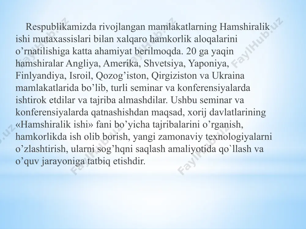 j hamshirasining vazifalari. patronaj xizmatining yangi modeli onalar va bolalar uchun tibbiy xizmat ko’rsatishni yaxshilaydi universal progressiv model bolalarning o'sishi va rivojlanishini optimallashtirishga, homiladorlik va tug'ruqdan keyingi davrda ayollarga g'amxo'rlik qilishni yaxshilashga qaratilgan. patronajning universal-progressiv modeli bolalar va ota-onalarning salomatligini mustahkamlash va farovonligini oshirishga ko’mak beradi assotsiatsiyaning maqsad va vazifalari -tibbiyot amaliyotini rivojlantirish, o’zbekiston aholisi salomatligini muhofaza qilish va mustahkamlash maqsadida tibbiyot bilimlari darajasini oshirishga ko’maklashish. -respublikada xalqaro talablarga muvofiq hamshiralik ishini rivojlantirishga ko’maklashish. -sog’liqni saqlash sohasida xalqaro munosabatlarni rivojlantirishga ijobiy ta'sir ko’rsatishda turli mamlakatlarning fuqarolari bilan, davlat, xususiy shaklda yoki jamoatchilik asosida tashkil etilgan xalqaro tashkilotlar, birlashmalar, korxonalar bilan hamkorlik qilish va aloqalar o’rnatish. bemorlarni asossiz yoki past profes-sional hatti-harakatlardan muhofaza qilish.- - o’z yuridik xizmatlarini tashkil etish, assotsiatsiya a'zolarining sharoitlarini yaxshilash, ularning ijtimoiy va iqtisodiy, huquqiy himoyalarini taininlash bo’yicha vakolatli tashkilotlarga takliflar kiritish. assotsiatsiyaning professional huquqlarini himoya qilish, uning jamiyatdagi obro’sini oshirish. -yordamga muhtoj bo`lgan xodimlarga xayriya yordamini …