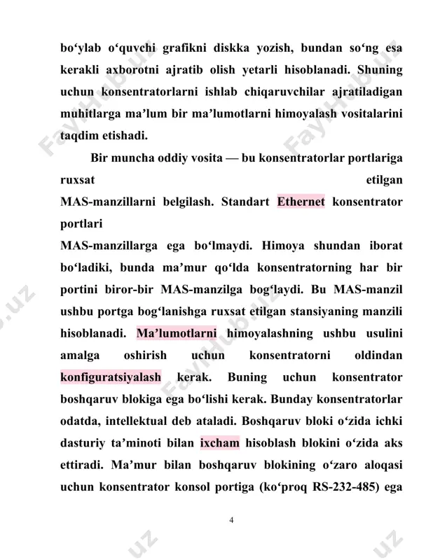 topmasa, tizimli modulga murojaat qiladi. tizimli modul pp ning barcha protsessorlarning soʻrovlariga xizmat qilish bilan parallel ravishda koʻp dasturiy ish tartibida ishlaydi. u umumiy manzilli jadvalni koʻrib chiqishni amalga oshiradi va protsessorni topilgan satrga qaytaradi. protsessor keyingi ishlatish uchun kerakli manzilni oʻzining keshiga buferga joylashtiradi. 2.agar joʻnatish manzili umumiy manzil manzilli jadvalda topilgan boʻlsa va kadrni filtrlash kerak boʻlsa, protsessor buferlab baytlarni yozishni toʻxtatadi, buferni tozalaydi va yangi kadrning kelishini kutadi. 3.agar manzil topilgan va kadrni boshqa portga uzatish kerak boʻlsa, protsessor buferga kadrlarni qabul qilishni davom ettirib kommutatsion matritsaga murojaat qiladi. protsessor yuborish manziliga u orqali marshrut boradigan port bilan uning portini bogʻlaydigan yoʻlni oʻrnatishga urinadi. 4.kommutatsion matritsa buni bu momentga kelib joʻnatish manzili, porti boʻsh boʻlganda, yaʼni bu kommutatorning boshqa porti bilan bogʻlanmagan boʻlganda amalga oshirishi mumkin. 5.agar port band boʻlsa, u holda, barcha kanallar kommutatsiyalanadigan qurilmalardagi kabi matritsa bogʻlanishga ruxsat etmaydi. kommutatordan foydalanilganda tarmoqning unumdorligini oshirishning bosh …