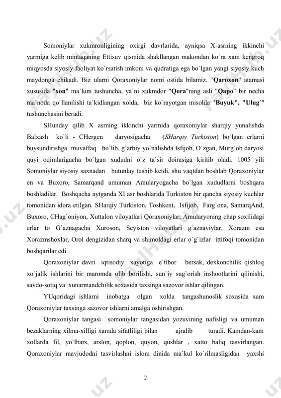 or ishlarni amalga oshirishgan. qoraxoniylar tangasi somoniylar tangasidan yozuvining nafisligi va umuman bezaklarning xilma-xilligi xamda sifatliligi bilan ajralib turadi. kamdan-kam xollarda fil, yo`lbars, arslon, qoplon, quyon, qushlar , xatto baliq tasvirlangan. qoraxoniylar mavjudodni tasvirlashni islom dinida ma`kul ko`rilmasligidan yaxshi xabardor bo`lganliklari uchun mavjudod rasmlari ichki bozorda ishlatish uchun chiqariladigan chaqalardagina berilgan. qoraxoniylar mis, kumush tangalar, xii asrning o`rtalariga kelib oltin tangalar xam zarb qilganlar. ayni vaqtda qoraxoniylar davridan 40 dan ortik zarbxonalar fanga ma`lum. mas,: axsikent. bolasog`un, barob, barsxon (issiqko`l janubida) va boshqalar. shu takidlash joizki bir zarbxona bir ne​cha nomlarda tanga zarb qilgan bo`lishi mumkin. mas,: ko`zo`rda va bolasog`un nomi bitta shaxarga tegishli. lekin somoniylar davriga nisbatan movorounnaxrda zarbxonalarni ko`payganligi shubxasiz, zarbxonalar uncha katta bo`lmagan ularni tashkil etish uchun ko`p mablag` sarf etish talab qilinmagan. qoraxoniylar davlatini salmog`i ular zarb etgan xi asrning kumush tangalaridagi yozuvlar ma`nosida xam aks etgan. xi asr kumush tangalarida bu davrga kelib, musulmonlar dunyosining …