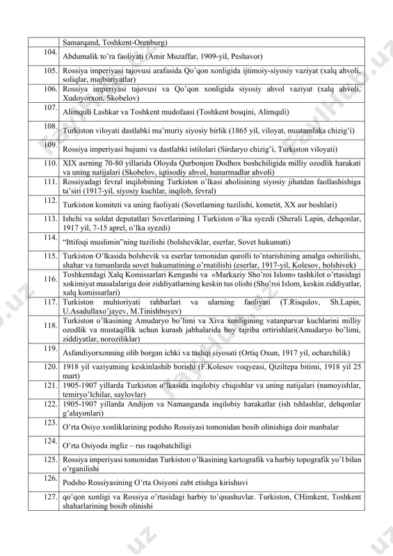 lklari) 64. toshkentdagi 1892 yil qo‘zg’olon va uning natijalari (xalq noroziligi, putinsiv, sud jarayoni) 65. po`latxon qo`zg’oloni va qo`qon xonligining tugatilishi (1875-yil, xudoyorxon, nasriddinbek) 66. mustaqillik yillarida xix asr oxiri –xx asr boshlarida yuz ozodlik harakat tarixining o’rganilishi (h.ziyoyev, d.ziyoyeva, h.bobobekov) 67. mahmudxo’ja behbudiy va uning faoliyati (baxshitepa, qarshi begi, maqolalar) 68. munavvar qori abdurashidxonov va uning faoliyati (gazetalari, tanlangan asarlar) 69. abdulla avloniy va uning faoliyati (darslik, gazeta, teatr truppasi) 70. abdurauf fitrat va uning faoliyati (maqolalar, siyosiy qarashlari) 71. abdulla qodiriy va uning faoliyati (maqolalar, siyosiy qarashlari) 72. fayzulla xo‘jayev va uning faoliyati (faoliyati, siyosiy jarayondagi ishtiroki, siyosiy qarashlari) 73. isxoqxon ibrat va uning faoliyati (asarlari, faoliyati) 74. abdulhamid cho’lpon va uning faoliyati (asarlari, faoliyati) 75. ahmad donish hayoti va faoliyati (1827-1897 yillar, mang’it amirlari 76. ogahiy va munis ijodi “firdavsul-iqbol” “ravzat us-safo” (xiva xonligi, tarixnavislik, madaniyat hayot) 77. muqumiy va uning faoliyati (asarlari, faoliyati) 78. zavqiy va …
