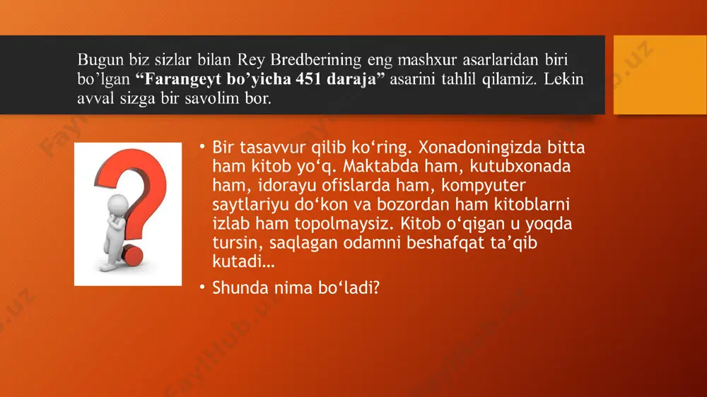 deb hisoblaydi. klarissa makleland montageylar oilasining qo'shnisi, hech kimga o’xshamagan, o’z dunyosiga ega bo’lgan qiz. u maktabga bormaydi chunki u yerda bo’ladigan tartibsizliklardan qo'rqadi, maktabda o'quvchilar bir-birlariga o'q otishadi. bu qahramon hayotda har bir lahzani qadrlab undan zavqlanib yashash kerak degan fikr bilan yashaydi. asardagi muammolar: jamiyat va shaxsning to'qnashuvi. gay montag o’zi yashab turgan jamoatchilik bilan ziddiyatga tushib, birgalikda kitoblarni o'qishni boshlaydi. adabiyotni yo'q qilish vazifasiga binoan, halokatga chaqiruvchi, qo'shaloq agentni shakllantirishga chaqiruvchi she'riy bo'lib, biz o'z uyimizning bir qismini tortib olamiz. qahramon asrlarni baham ko'rishga majbur bo'lgan odamlar orasida ajralib turadi. chatskiyning oq qarg'asi, u tushunmaydi va haydab chiqariladi, u bilishni va o'ylashni xohlaganligi uchun jinoyatchi hisoblanadi, jamiyat mustaqil ravishda qanday o'ylash va mavjud bo'lishni unutgan. ma'naviyatning yetishmasligi muammosi, kitoblarning yetishmasligi va aholinining ma’nan qashshoq ekanligi; o’tmishdan meros bo’lib qolgan kitoblarning yo’q qilinishi, jamiyat rivoji uchun xizmat qiladigan va meros bo’lib qoladigan bunday asarlarning yo’q qilinishi va kitoblarni …