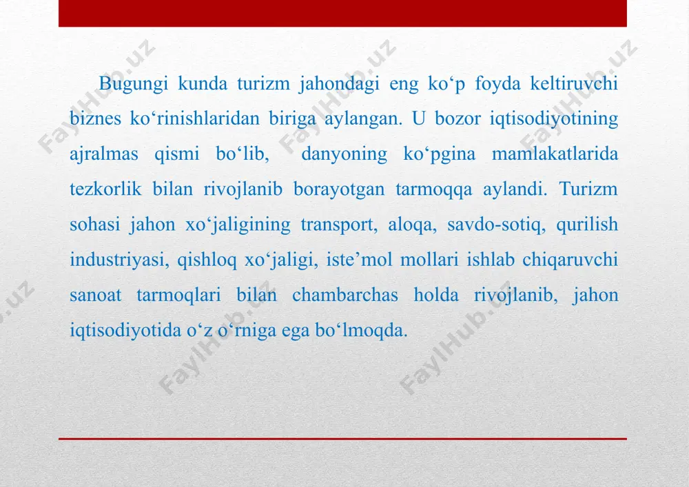 ar, o'tlar to'g'ridan-to'g'ri bog'dan; vochiq havoda sayr qilish; vtabiiy manbalardan suv ichish qobiliyati; vtabiiy suvhavzalarida suzish; vyerda ishlash; vhayvonlarga g'amxo'rlik qilish; vyangi sut va go'sht; vhar bir mehmonga individual yondashuv; vuy hayvonlari bilan dam olish imkoniyati; vxalq sayillari va o'yin-kulgilarida ishtirok etish; vuy muhiti va tabiatning hech qandaycheklovlarsiz beradigan boshqa ko'p narsalar. xalqaro turizmni rivojlantirishda qishloq turizmining o’ziga xos ahamiyati o’zbekiston respublikasi turistik bozorining ushbu segmentining holatini baholash asosida qishloq turizmini rivojlantirishstrategiyasini shakllantirishning imkoniyatlari va cheklovlari, afzalliklari va kamchiliklari aniqlandi. foyda (kuchli tomoni) 1.mamlakatning yuqori qishloq xo'jaligi salohiyati 2. yuqori tabiiy va rekreatsion salohiyat 3. nafaqat respublika, balkiglobal ahamiyatga ega bo'lgan madaniy va tarixiy yodgorliklarning mavjudligi 4. jamoatchilikning mavjudligi va tijorat tashkilotlari qishloq joylarda turizmni rivojlantirish mumkin 5. dehqon va shaxsiy yordamchi xo'jaliklarning ko'p tarmoqli yo'nalishi kamchiliklari( zaif tomoni) 1. qishloq joylarida turizm infratuzilmasi rivojlanishining past darajasi 2. turizm mahsulotlarini ichki va xalqaro turistik bozorlarda ilgari surish tizimining zaifligi 3. …
