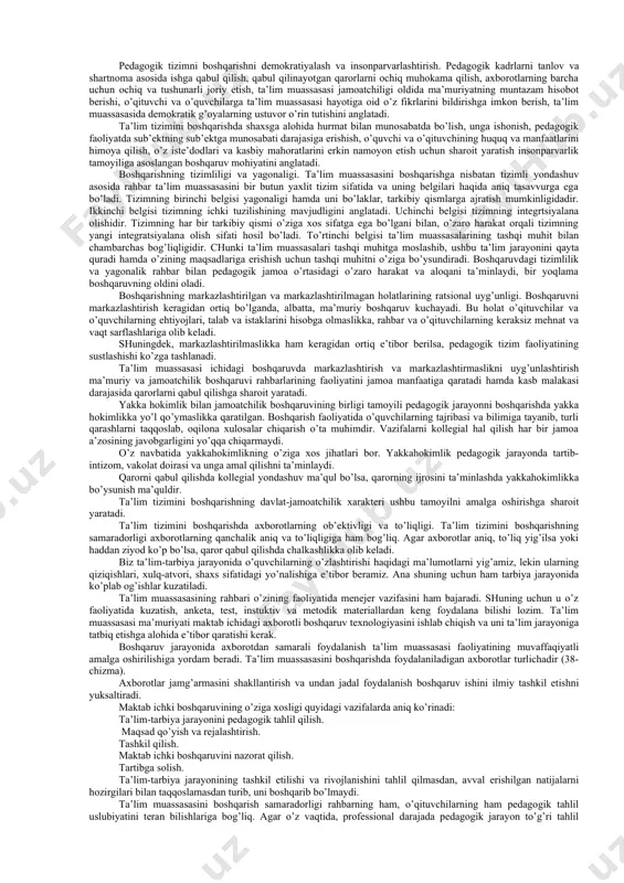 arning bajarilishini ta’minlaydi; o’qitishning ilg’or shakllari va yangi pedagogik texnologiyalarni, ta’limning texnik va axborot vositalarini o’quv jarayoniga joriy etadi, o’quv va o’quv-usulbiy adabiyotlarni yaratadi va nashr etishni tashkil qiladi; ta’lim oluvchilarning yakuniy davlat attestatsiyasi va davlat ta’lim muassasalarida eksternat to’g’risidagi nizomlarini tasdiqlaydi; davlat oliy ta’lim muassasasining rektorini tayinlash to’g’risida o’zbekiston respublikasi vazirlar mahkamasiga takliflar kiritadi; pedagog xodimlarni tayyorlash, ularning malasini oshirish va qayta tayyorlashni tashkil etadi. xalq ta’limi vazirligining mahalliy organlari quyidagilar sanaladi: xalq ta’limi bo’limlari, shuningdek, mahalliy hokimlik organlari tasarrufiga kiradi va unga bo’ysunadi. qoraqalpoq respublikasi xalq ta’limi vazirligi faoliyati ikki yuqori organ nazorati ostida tashkil etiladi: yuqorida qayd etilgan organlar maktab faoliyati yuzasidan davlat nazoratini olib boradi va uning rivojini ta’minlash uchun ko’maklashadi. ularning vakolatiga maktab direktorlari va ularning o’rinbosarlarini tayinlash ham ikradi. maktabni boshqarish ishiga maktab inspektsiyasi, ya’ni, vazirliklar va xalq ta’limi bo’limlarining maktab inspektorlari xizmati yordam beradi. ular maktab faoliyatini o’rganadi, ta’lim-tarbiya jarayonining natijalarini tahlil qiladi, …