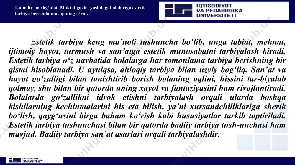 t sohasidagi faoliyatga yaqinlashtirish. 3. bolalarda ma’naviy did asoslarini va san’at asarlarini hamda hayot-dagi hodisalarni mustaqil baxolay bilish qobiliyatini shakllantirish. 4. bolalarning badiiy-ijodiy qobiliyatini o‘stirish. kichkintoylarning san’at bilan bog‘liq bo‘lgan faoliyatlari doimo erkii, zavqli intilish, ijodiy tasavvur, tashabbuskorlik bilan to‘la bo‘lishi kerak. bola qanchalik ma’naviy ruhda rivojlangan bo‘lsa, uning badiiy malaka va ko‘nikmalari shunchalik pishiq bo‘ladi, uning ijodiy faoliyati yanada to‘laroq namoyon bo‘ladi. 1-amaliy mashg‘ulot. maktabgacha yoshdagi bolalariga estetik tarbiya berishda musiqaning o‘rni. ikki-uch yoshdagi bolalar uchun. o‘yin. mazmunli o‘yinchoqlardan foydalanib, jo‘r bo‘lib qo‘shiq aytish, o‘ynash, ularning qiyofasi, kiyim-larining rangini payqash, shaklli o‘yinchoqlar bilan oddiy o‘yin harakat-larini baja­rish, g‘ishtchalar va kubiklarni tartibli taxlab, devorchalar, uychalar, darvozalar qurish, ularning tartibidai lazzatlanish. didaktik o‘yinlarda tovushning balandligini, ya’ni, “men nimani chalyapman?”, uning kuchini, ya’ni “past-baland” tembrini, tempi va ritmini, ya’ni “qo‘g‘irchoq yurayapti va yuguryapti” aniqlash, ikki-uch rangni, ya’ni “qizil, yashil, sariq”, buyum shaklini, ya’ni “shar, g‘ishtcha” farqlash va aytish. 1-amaliy mashg‘ulot. maktabgacha yoshdagi …
