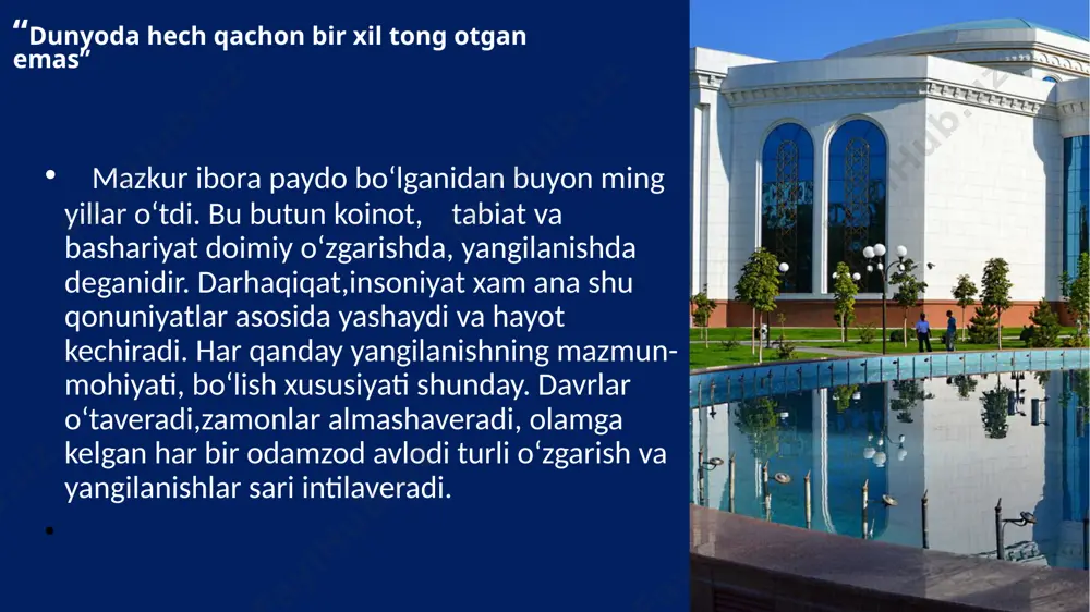 ishlar amalga oshirilmoqda va muhim ijobiy natijalarga erishilmoqda. muayyan xalq yoki davlat hayoti uchun g‘oyat muhim ahamiyat kasb etadigan biror-bir fenomen yoki u haqdagi tushuncha tamoyillar o‘z-o‘zidan, osongina paydo bo‘lmaydi va tasodifan dunyoga kelib qolmaydi. shu ma’noda, har qanday hodisa, tushuncha yoki atamaning o‘ziga xos shakllanish jarayoni bor. yangi o‘zbekiston fenomeni ham bundan mustasno emas. ushbu tushuncha mamlakatimizning zamonaviy qiyofasini shakllantirish, yurtimizda demokratik davlat, erkin fuqarolik jamiyatini barpo etish, uchinchi renessans poydevorini yaratish borasidagi islohotlarimizning tayanch g‘oyasini ifoda etadi. ana shu g‘oya asosida yurtimizda “yangi o‘zbekiston - uchinchi renessans sari” degan shior ilgari surilayotgani ham bejiz emas. yangi o‘zbekiston- mamlakatimiz mustaqilligini yanada mustahkamlash, erkinlik va ozodlikning yangi davri, bunyodkorlik va farovonlik yo‘lining yuqori bosqichidir. yangi o‘zbekiston - bu “xalq manfaati hamma narsadan ulug‘” degan ezgu g‘oya amaliy ishlar bilan o‘z tasdig‘ini topayotgan zamondir. yangi -yangi uy-joylar, zamonaviy korxonalar, ta’lim, tibbiyot, madaniyat va sport maskanlari, obod qishloq va shaharlar yurtimiz chiroyiga …