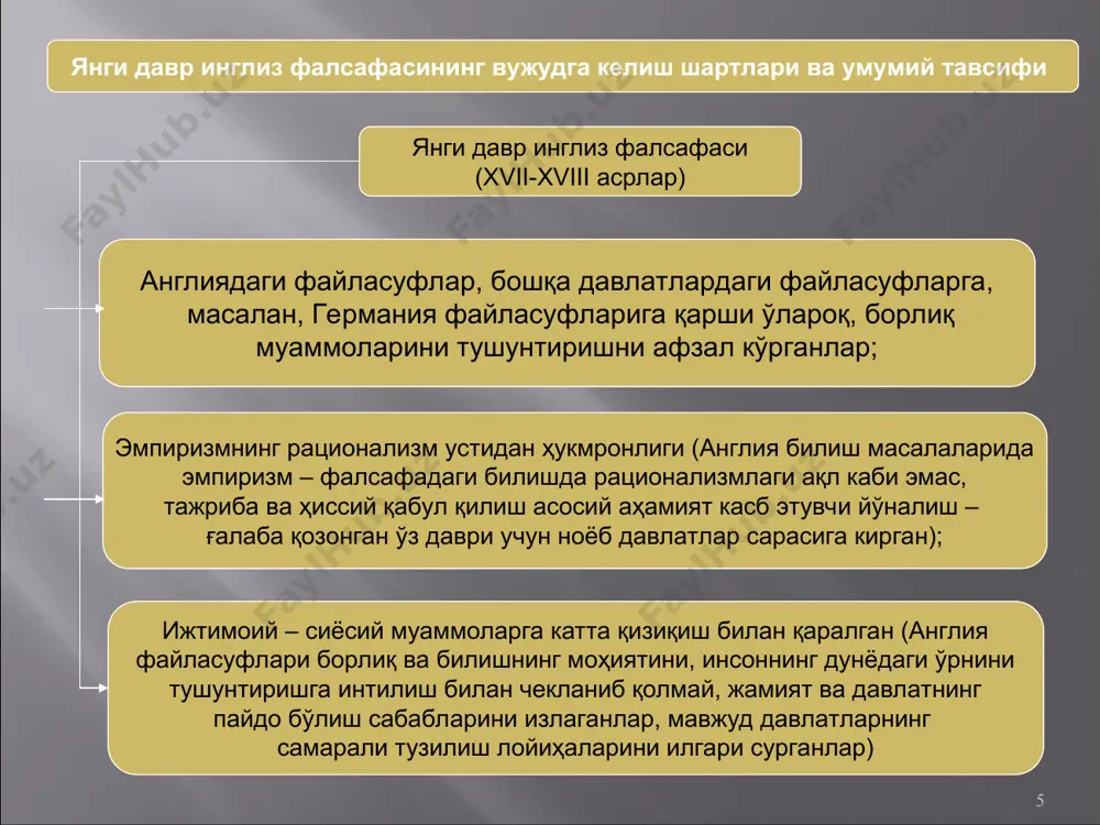 қинлик қиладилар инсоннинг туғма янглишиши, унинг мазмуни билишнинг табиатини инсоннинг шахсий табиати билан аралаштирилиб юборилишидадир. уруғ унсури – инсон (аждодлари) маданияти орқали билишнинг кечиши, яъни инсон билишни умуминсоний маданият доирасида олиб боради ва бу якуний натижага ўз салбий таъсирини кўрсатади, билимнинг ҳақиқийлигини пасайтиради. ғор руҳлари – муайян инсон (билувчи субъект) шахсиятининг билиш жараёнига таъсир этиши. натижада инсон шахсияти (унинг қарашлари, янглишишлари – «ғор») билишнинг якуний натижасида акс этади. орттирилган янглишишлар майдон унсури – нутқ, тушуниш аппаратини: сўзлар, иборалар, тушунчаларни ноаниқ қўллаш. театр унсури – мавжуд фалсафанинг билиш жараёнига таъсири. кўпинча билиш жараёнида эски фалсафа янги услубни қўллашга тўсқинлик қилади, билишни ҳар доим ҳам тўғри йўналишга бошламайди (мисол учун, ўрта асрларда схоластиканинг билишга таъсири). шунингдек, лаганбардорлар, иккиюзламачилар, сафсатабозлар фаолияти. * томас гоббс (1588-1679) – ф. бэконнинг шогирди ва фалсафий анъаналари, қарашлари давомчиси фалсафий қарашлари - қатъий равишда теология ва схоластикани рад қилган; - фалсафанинг мақсадини инсон фаолиятида амалий натижаларга эришиш, илмий-техник …