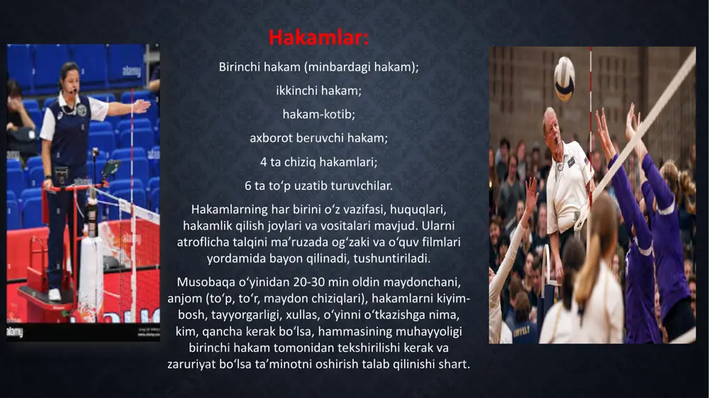 unalar holatini nazoratdan o‘tkazadi. jamoa sardorlari bilan qur’a tashlashni uyushtiradi. o‘yin davomida faqat birinchi hakam quyidagilar bo‘yicha qaror chiqarish huquqiga ega: jamoalarni ogohlantirish; jazolash; to‘p kirituvchining xatosi; to‘p kirituvchi jamoa a’zolarining joylashishidagi xatosi bo‘yicha; to‘p bilan o‘ynash xatolari bo‘yicha; to‘r va uning ustida ro‘y beradigan xatolar bo‘yicha; orqa chiziq o‘yinchilari va «libero»ni hujum zarbasi; «libero»ni oldingi zonadan yuqoridan uzatilgan to‘piga hujum zarbasi qo‘llanilganda. birinchi hakam o'yinni boshidan oxirigacha boshqaradi. u hakamlar hay'atining barcha a'zolari va jamoa a'zolari ustidan hokimiyatga ega; o'yin davomida birinchi hakamning qarorlari yakuniy hisoblanadi, u hakamlar jamoasining boshqa a'zolarining qarorlarini bekor qilishga haqli; birinchi hakam o'z vazifasini to'g'ri bajarmagan hakamlar hay'ati a'zosini almashtirishi mumkin; birinchi hakam koptok oluvchilar va pol tozalagichlarning ishini nazorat qiladi; o'yin bilan bog'liq har qanday muammolarni hal qilish huquqiga ega; birinchi hakam o'z qarorlarini qoralashga yo'l qo'ymasligi kerak; o'yindan oldin va o'yin davomida o'yin maydoni jihozlari va sharoitlari o'yin talablariga muvofiqligini aniqlash uchun …