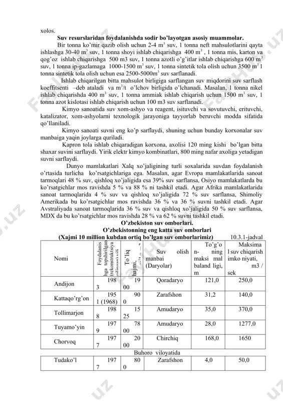 00 litr suv sarflaydi. rivojlangan mamlakatlarda bir kishi uchun bir sutkada o’rtacha 500-600 litr suv sarflanadi. ammo rivojlanayotgan mamlakatlarda esa bu ko’rsatgich 2-3 marotaba kichik bo’lib, 200-250 litr suv sarflanadi. maishiy xo’jalik ehtiyojlari uchun bir kishiga bir sutkada shaxarlarda 150 litr suv (bir yilda 55m3 suv), qishloq joylarida esa, 50 litr suv (bir yilda 18-20m3 suv) sarflanadi. xozirga paytda, dunyo bo’yicha, 200 mln gektar yerlarni sug’orish uchun yiliga yer osti manbalaridan va daryolardan 2800 km3 suv olinmoqda. bu esa daryo suvlarini 7 % ni tashkil yetadi. sug’orish uchun olingan suvning 80 % yoki 2300 km3 suv ishlatilsa, uning 20 % yoki, 470-480 km3 suv daryo va ko’llarga oqava suv sifatida chiqarilib yuboriladi. bir tonna don etishtirish uchun 3ming m3 suv, bir tonna sholi etishtirish uchun 7 ming m3, bir tonna makkajuxori etishtirish uchun esa, 1500 m3 suv sarflanadi. 1 kg o’simlik massasi xosil bo’lishi uchun o’simlik turiga qarab 150 m3 …