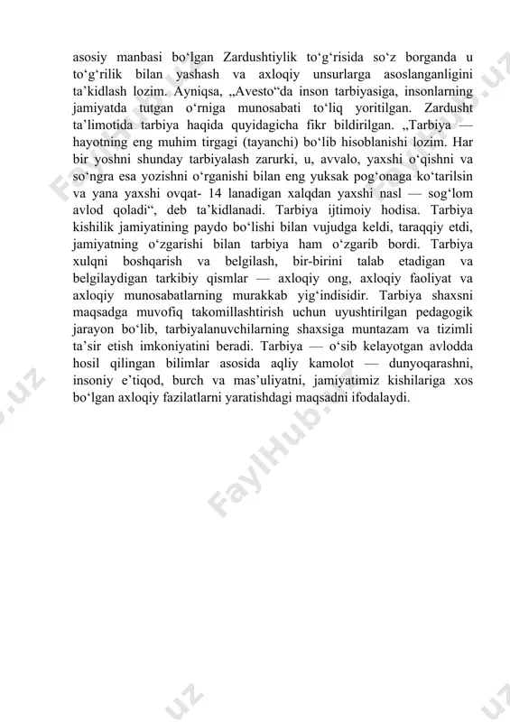 kidlab, shunday degan edi: „adab xulqni chiroyli qilish, so‘z va fe’lni soz qilishdir... adab saqlash — muhabbat samarasi, yana muhabbat daraxtining urug‘i hamdir. agar adabdan ozgina nuqsonga yo‘l qo‘ysangiz ham, nimaiki qilsang, beadablik ko‘rinadi. odam o‘zini bir xil sifat va ko‘rinishda olib yurishi lozimki, toki odamlarda unga tasarruf (ta’sir qilish) ta’masi paydo bo‘lmasin“. abu nasr forobiy birinchi bo‘lib ta’lim va tarbiyaga ta’rif bergan olimdir. „ta’lim so‘z va o‘rganish bilangina amalga oshiriladi. tarbiya esa, amaliyot, ish-tajriba bilan, ya’ni shu yo‘l orqali amalga oshiriladi“, deydi u. abu nasr forobiyning fikricha, har bir shaxs munosib odam bo‘lishi uchun unga ta’lim va tarbiya zarurdir. u ta’lim orqali nazariy kamolotga erishadi. tarbiya orqali esa kishilar bilan muloqotni, axloqiy qadr-qimmatni va amaliy faoliyatni o‘rganadi. forobiy bolalarning fe’l-atvoriga qarab tarbiya jarayonida „qattiq“ yoki „yumshoq“ usullardan foydalanish kerak, deb hisoblaydi: 1. tarbiyalanuvchilar o‘qish-o‘rganishga moyil bo‘lsa, ta’lim-tarbiya jarayonida yumshoq usul qo‘llanadi. 2. tarbiyalanuvchilar o‘zboshimcha, itoatsiz bo‘lsa, qattiq usul qo‘llanilishi …
