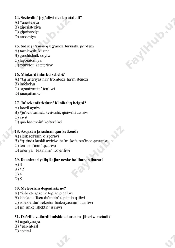 30 aprel; d.1997 jil 11 avgust. 43. ta’biyiy tu’stegi ayriqsha jag’daylar tu’rlerin ko’rsetin’? a.* geologiyaliq, gidrometerologiyaliq, epidemiologiliq; b. avto avariyalar, epizotikaliq, epidemiologiyaliq; c. ekologiyaliq, magistral trubalardag’i epizotikaliq; d. avto avariyalar, baxitsiz waqiyalar, gidrometriologiyaliq. 44.qurg’aqshiliq jag’dayinin’ o’zgeriwi qanday ayriqsha jag’daylarlarg’a kiredi? a.*ta’biyiy; b.ekologiyaliq; c.texnogen; d. transshegara. 45.gidrometerologiyaliq qa’wipli ha’diyseler qanday ayriqsha jag’daylarlarg’a kiredi? a*.ta’biyiy; b.ekologiyaliq; c.texnogen; d. transshegara. 46.medicinaliq sortirovkalaw kim ta’repinen o’tkeriledi? a.*sortirovkalaw brigadalari; b.izlewshiler; c.xaliq; d.o’rt o’shiriwshiler brigadasi. 47. jaraqatlawshi fizikaliq faktorlardi aniqlan’: a. puw, kislota, temperatura, nur; b. kislota, nur, puw, ot; c. nur, puw, ot; d.*puw, nur, ot, tok. 48. qan toqtatiwshi preparatlardi tan’lan’: a.*aminokapron kislota; b.festal; c.geparin; d.aspirin. 49. kardiogen shoktin‘ emlewine ne kiredi? a.*mezaton1% - 1,0; b.dibazol 1% - 2,0; c.papaverin gidroxlorid 2% - 2,0; d.dimedrol 1% - 1,0. 50. birinshi ja’rdem kim ta’repinen a’melge asiriladi? a.*o’z-o’zine, o’zara; b. tek o’zara ta’rzde; c. tez medicinaliq ja’rdem ko’rsetiw mekemesinde; d. ambulatoriya yamasa poliklinikada. 51. individual apteshka-2 …