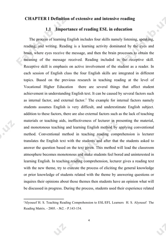 viding motivation to read. lecturer's creativity needed in determining the proper method in teaching reading comprehension for students. the method that can be applied in improving the reading skills is intensive reading (ir) and extensive reading (er) to produce satisfying output in learning. ir and er theoretically have the advantage that continuously review and test in a number of studies in various places all over the world. if applied appropriately in the learning process, ir(intensive reading) and er(extensive reading) not only can improve reading comprehension, but also to accelerate the ability to read english text. er(extensive reading) is a very different approach to ir which is a commonly conventional method applied for learning reading skills. er is an alternative method to teach students’ ability in comprehending english text. er considers as a supplementary method, not to replace ir method. therefore, there should be studies to determine the extent of the …