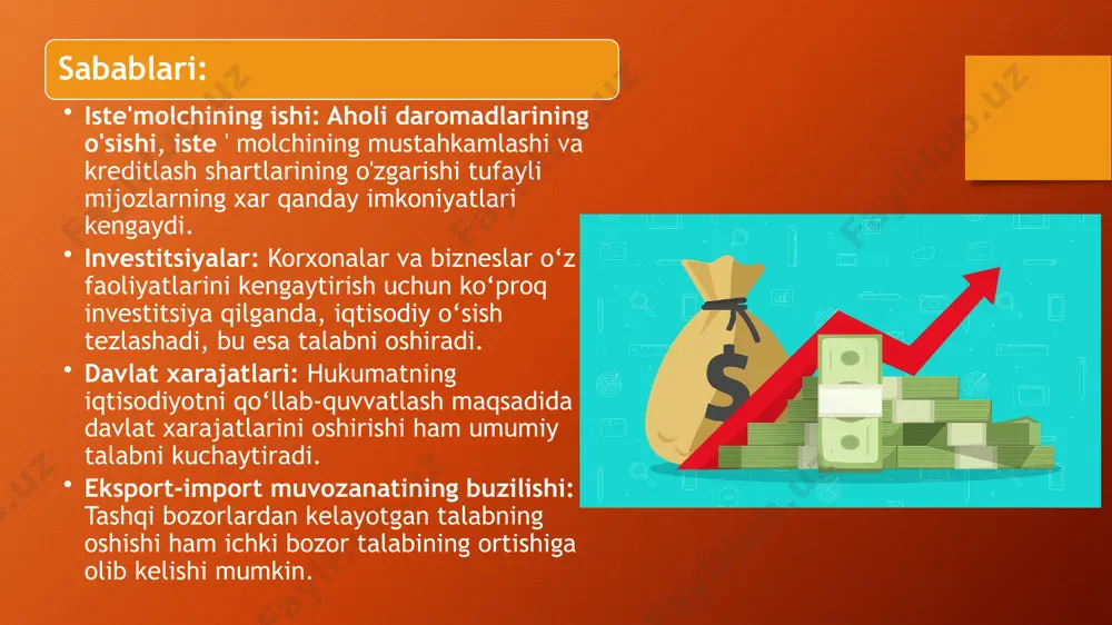 iyaning o‘z-o‘zini mustahkamlagan jarayonini yuzaga keltiradi. natijalari: doimiy inflyatsiya: inflyatsiya kutilmalari asosida narxlar va ish haqi muntazam ravishda oshib boradi, bu esa doimiy inflyatsiyaga olib keladi. haqiqiy daromadning o'tishi: nominal ish haqi oshishi mumkin, biroq narsalar ham shunday darajada ko'tarilgan, iste'molchilarning haqiqiy daromadi kamaydi. iqtisodiy noaniqlik: kelajakdagi narxlar va xarajatlarni oldindan aniq belgilashning qiyinlashuvi iqtisodiy qarorlar qabul qilishda noaniqlikka sabab bo‘ladi. xulosa: kutilgan inflyatsiya – bu narxlar va ish haqining o‘zaro indeksatsiyalanishi natijasida yuzaga keladigan inflyatsiya shaklidir. inflyatsiya kutilmalari iqtisodiy subyektlarni o‘zaro kelishuvga undab, jarayonning o‘z-o‘zini mustahkamlashiga olib keladi. shu bois, inflyatsiyani nazorat qilish va iqtisodiy barqarorlikni saqlab qolish uchun, siyosiy va iqtisodiy chora-tadbirlar muhim ahamiyatga ega. e’tiboringiz uchun rahmat image2.png image3.png image4.jpg image5.png image6.png image7.jpeg image1.png image8.jpeg image9.jpeg image10.jpeg image11.jpeg image12.jpeg 629554780