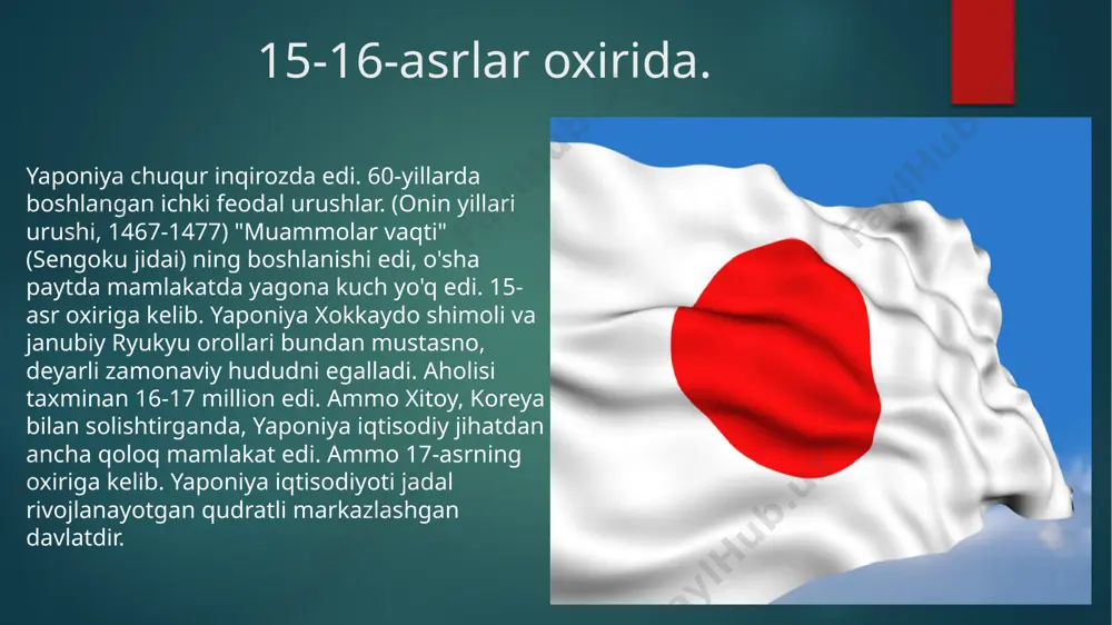 oytaxti kioto bo'lgan mamlakat markazini o'z hokimiyatiga bo'ysundirishga muvaffaq bo'ldi. oda nobunaga syogun ashikaga yoshiaki (yoshiaki) ning qonuniy huquqlari himoyachisi sifatida mamlakat poytaxti kiotoga kirdi. 5 1573 yilda oda nobunaga vasiyatini bajarishdan bosh tortgan syogun taxtdan ag'darildi. bu kurashda odaning eng ashaddiy raqiblaridan biri buddist monastirlari boʻlib, ular odaning nasroniylikka nisbatan siyosiy yoʻnalishini belgilashda muhim rol oʻynagan. birinchi nasroniylar 40-yillarda yaponiyada paydo bo'lgan. xvi asr portugal savdogarlari bilan birga. birinchi yevropaliklar yaponiya zaminida 1543 yilda paydo bo‘lgan: tayfun paytida xitoyning yelkanli qayig‘i kyushu orolining janubiy qirg‘og‘idagi kichik tanegashima oroliga qo‘nishga majbur bo‘lgan va bortda uch portugaliyalik yo‘lovchi bo‘lgan. 1549 yilda jezuit frensis xaver kyushu orolidagi kagosima shahriga keldi. missionerlar muvaffaqiyatga erishdilar. ko'plab yirik daimyolar kyushuda suvga cho'mib, portugaliya kemalarini o'z hududlarida joylashgan portlarga jalb qilishni va ularga katta foyda va'da qilgan xorijdagi savdoning bir qismini egallashni xohladilar. keyin katolik missionerlari paydo bo'ldi. xristianlik tarqala boshladi. 1580 yilda 150 mingga yaqin …