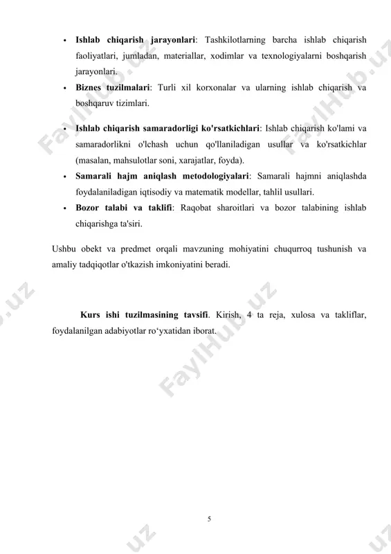 iladi. mavzuning oxirida so‘nggi qo‘shilgan mahsulot va uning kamayib borishi, keyingi qo‘shilgan mehnat va kapital unumdorligining pasayib borishi qonunining mazmuniga aloqador marjinalistik g‘oyalar hamda o‘zbekiston respublikasini yanada rivojlantirish bo‘yicha harakatlar strategiyasida ishlab chiqarishni jadal rivojlantirishga alohida e’tibor berilishi va uning sabablari bilan tanishtiriladi. ishlab chiqarish jarayonida haqiqatda qo‘llaniluvchi barcha resurslar ishlab chiqarish omillari deyiladi. iqtisodiyotning tizimi va shaklidan qat’iy nazar uchta omil: ishchi kuchi, mehnat qurollari va mehnat predmetlari bo‘lishi shart. ishchi kuchi deb insonning mehnat qilishga bo‘lgan aqliy va jismoniy qobiliyatlarining yig‘indisiga aytiladi. ishchi kuchi mehnat qobiliyatiga ega bo‘lgan kishilar uchun xosdir. lekin ishchi kuchi insonning o‘zi emas yoki uning mehnati ham emas, uning qobiliyatidan iboratdir. mehnat qurollari deb, inson uning yordamida tabiatga, mehnat predmetlariga ta’sir qiladigan vositalarga aytiladi (mashinalar, stanoklar, traktorlar, qurilmalar, uskunalar va boshqalar). mehnat predmetlari esa bevosita mehnat ta’sir qiladigan, ya’ni mahsulot tayyorlanadigan narsalardir (yer, suv, xom ashyo va boshqa turli materiallar). mehnat predmetlari tabiatda tayyor …